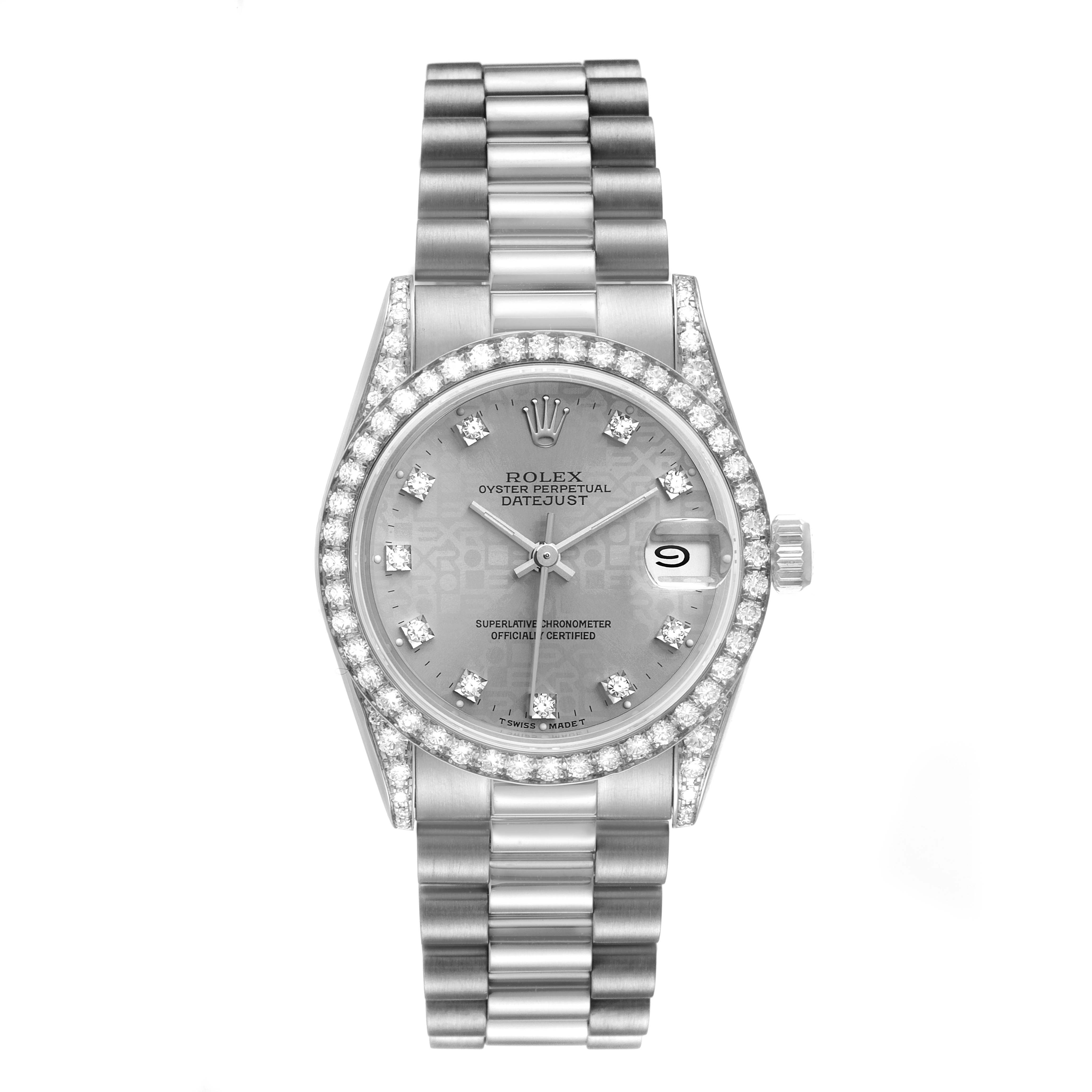 This image shows a Rolex President 68159 Women's White Gold Grey Dial 68159 Women's White Gold Grey Dial model watch with a detailed view of the face, bezel, and band, viewed from the front.