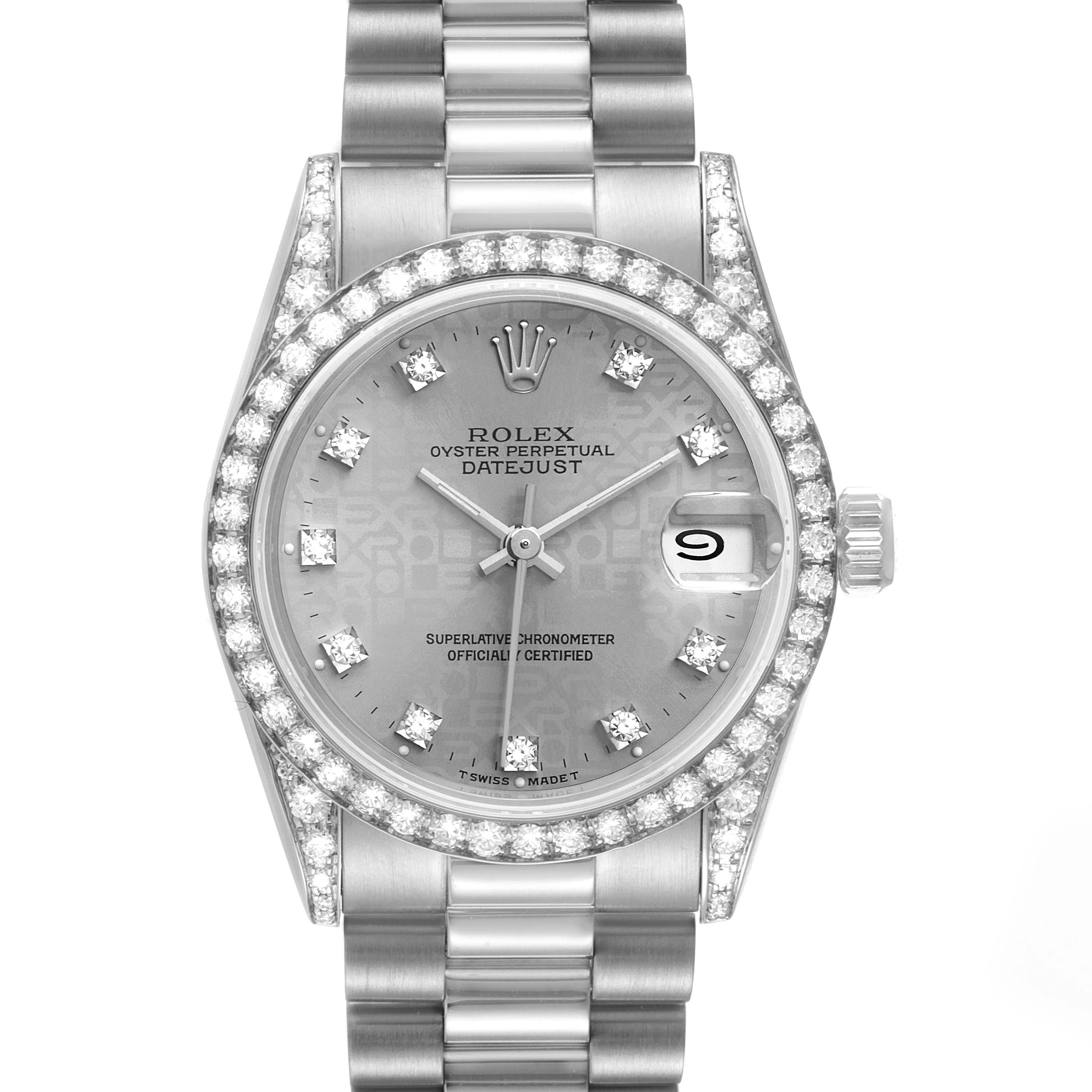 The image shows a front view of the Rolex President 68159 Women's White Gold Grey Dial 68159 Women's White Gold Grey Dial Datejust watch, highlighting the dial, bracelet, and bezel.