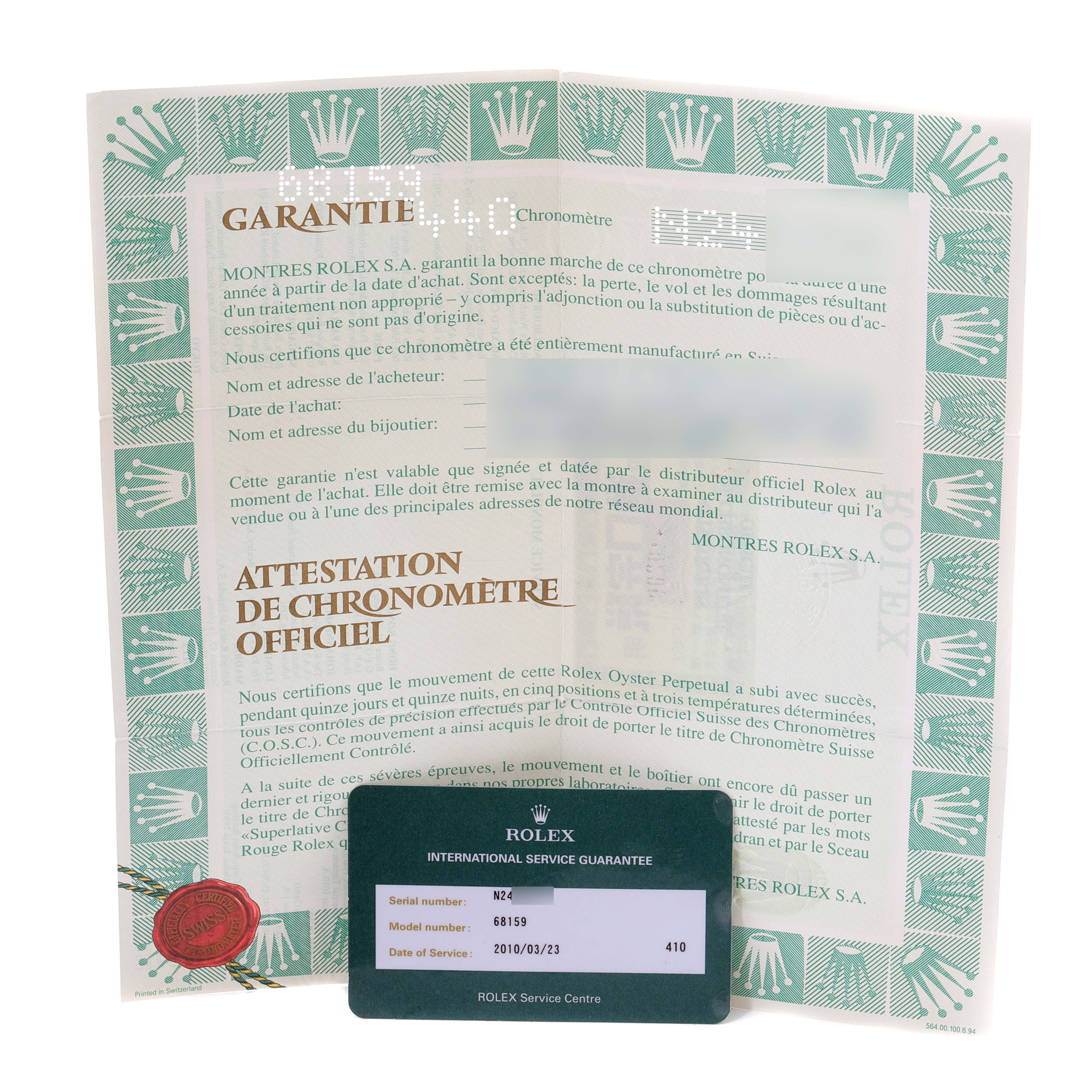The image shows the guarantee card and certificate for the Rolex President 68159 Women's White Gold Grey Dial 68159 Women's White Gold Grey Dial model watch.
