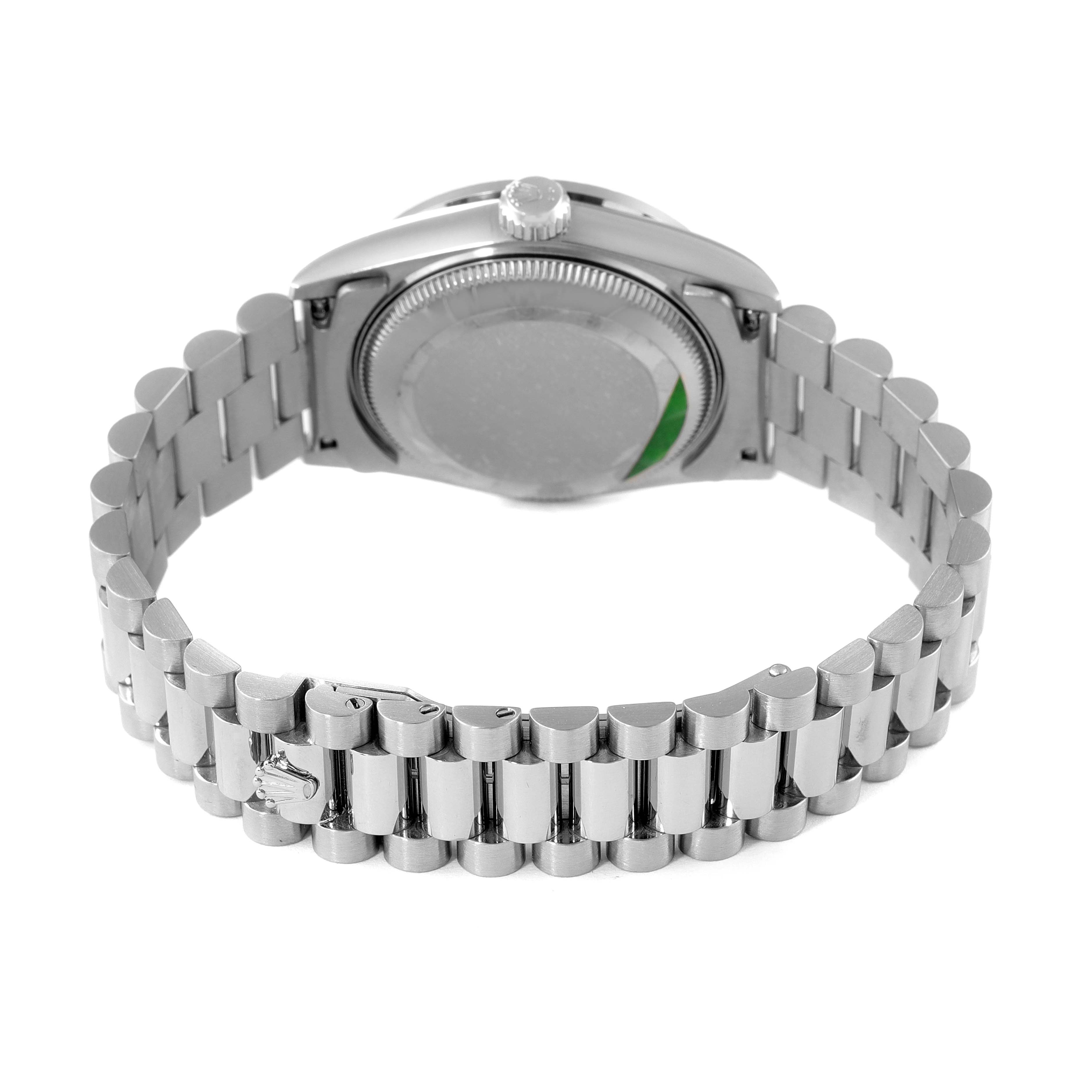 The image shows the backside of a Rolex President 68159 Women's White Gold Grey Dial 68159 Women's White Gold Grey Dial model watch, including the closed clasp and part of the bracelet.