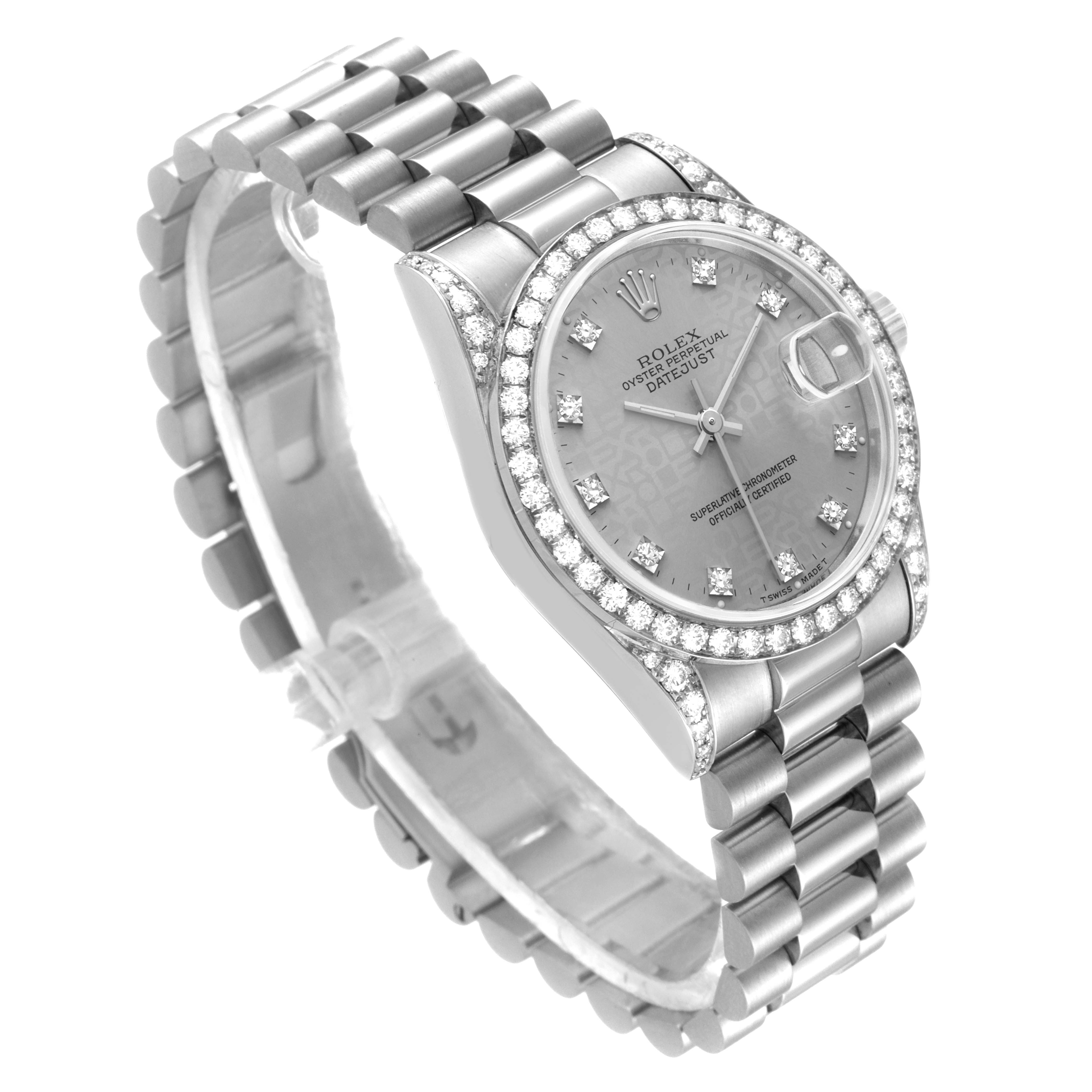 This image shows a Rolex President 68159 Women's White Gold Grey Dial 68159 Women's White Gold Grey Dial model watch at a three-quarter angle, highlighting its bracelet, bezel, dial, and date window.