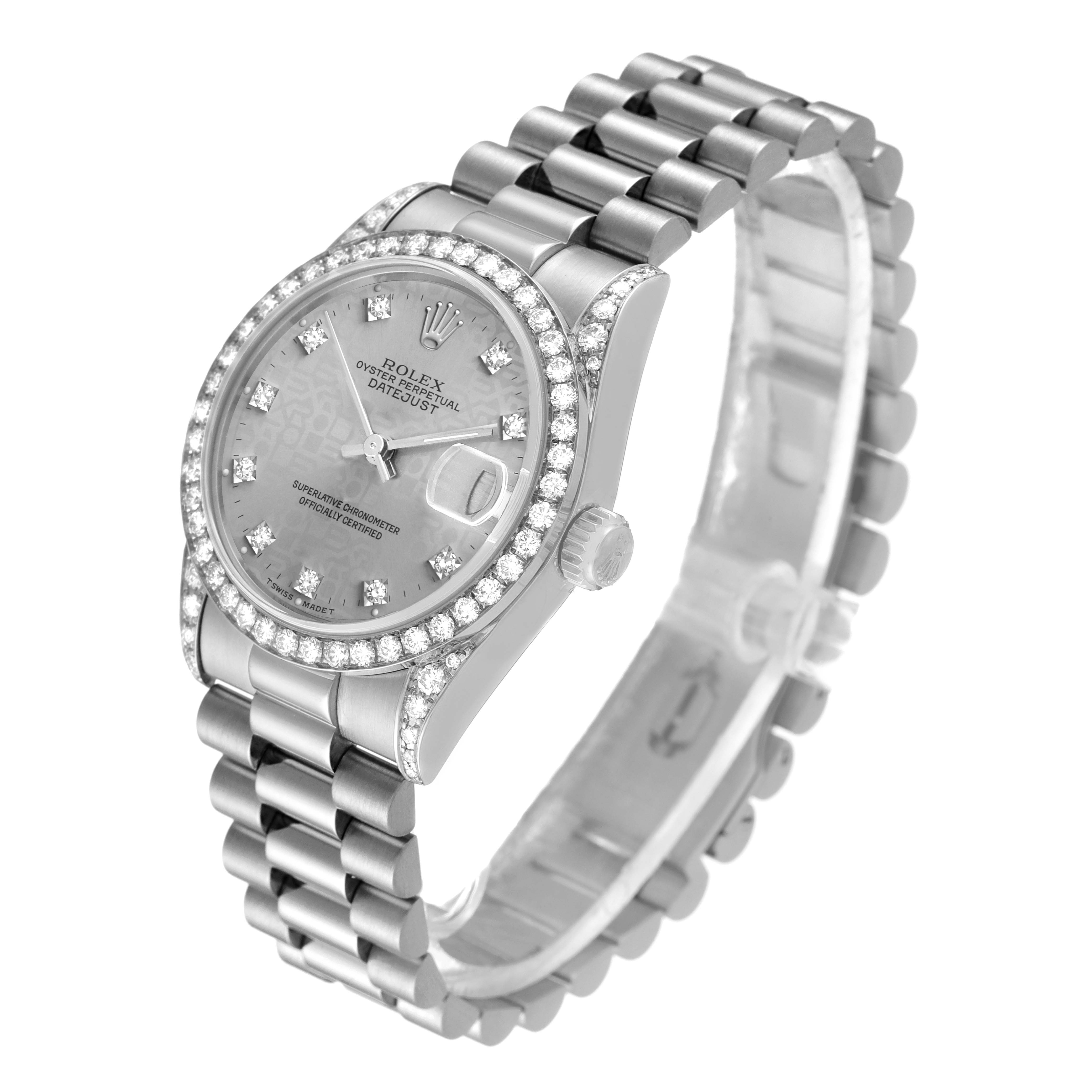 The image shows a Rolex President 68159 Women's White Gold Grey Dial 68159 Women's White Gold Grey Dial model watch at a three-quarter angle, highlighting its diamond bezel, dial, and bracelet.