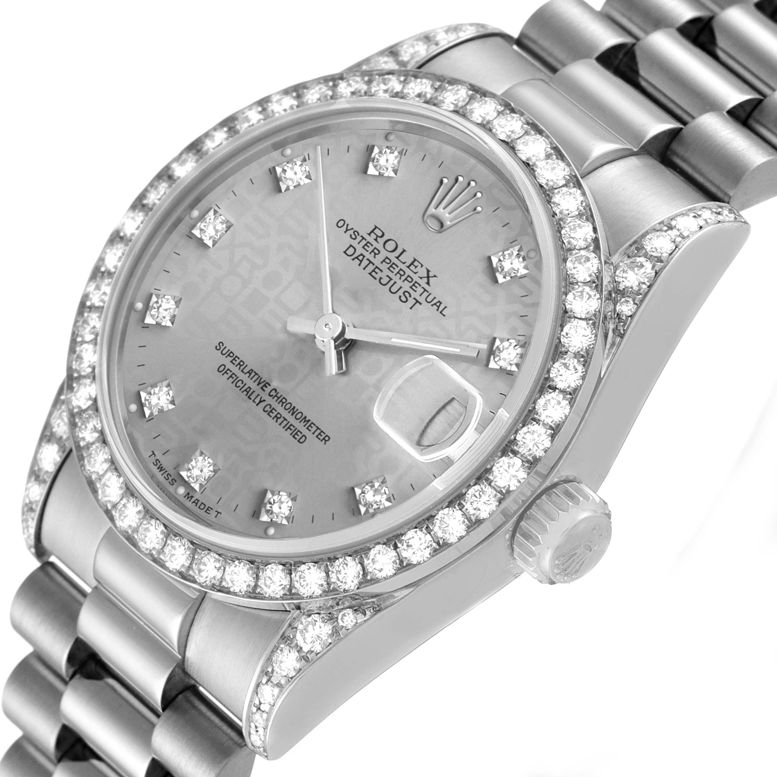 The image shows a close-up angle of the Rolex President 68159 Women's White Gold Grey Dial 68159 Women's White Gold Grey Dial model watch, highlighting the bezel, dial, date window, and crown.