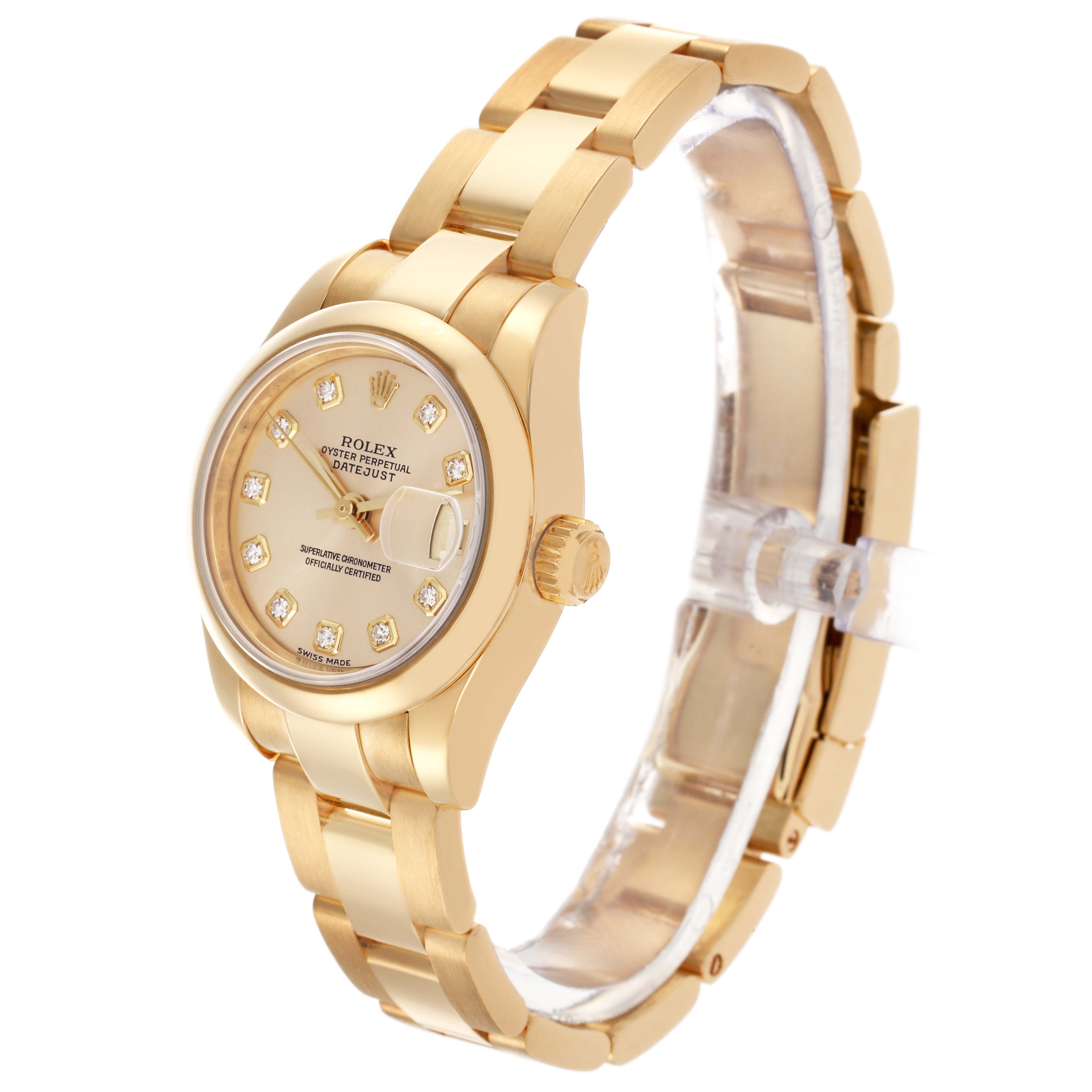 The Rolex President 179168 Women's Yellow Gold Champagne Dial 179168 Women's Yellow Gold Champagne Dial model watch is shown at an angled side view, highlighting the bracelet, crown, and diamond-adorned dial.