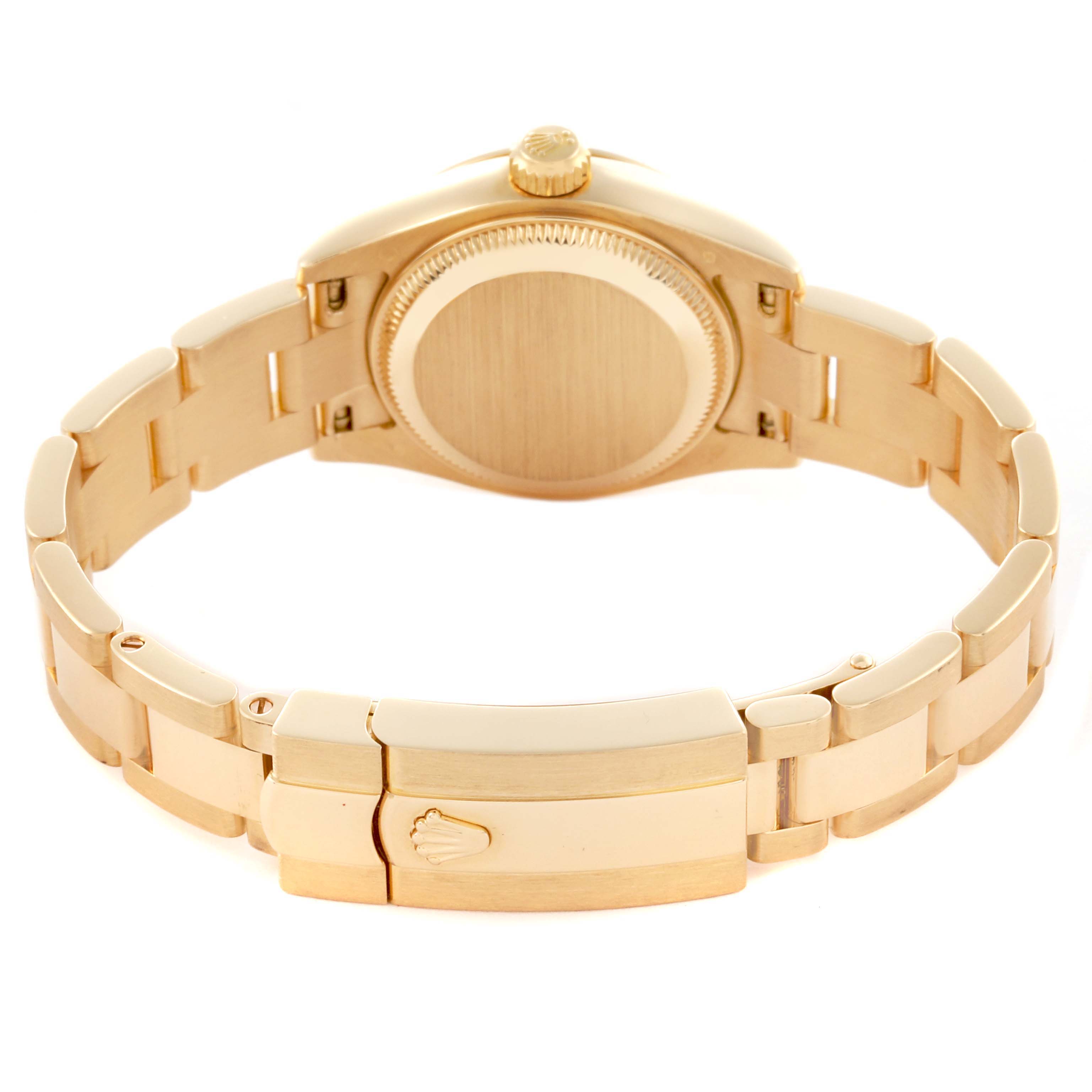 The image shows the back view of a Rolex President 179168 Women's Yellow Gold Champagne Dial 179168 Women's Yellow Gold Champagne Dial model, highlighting the case back and bracelet clasp.