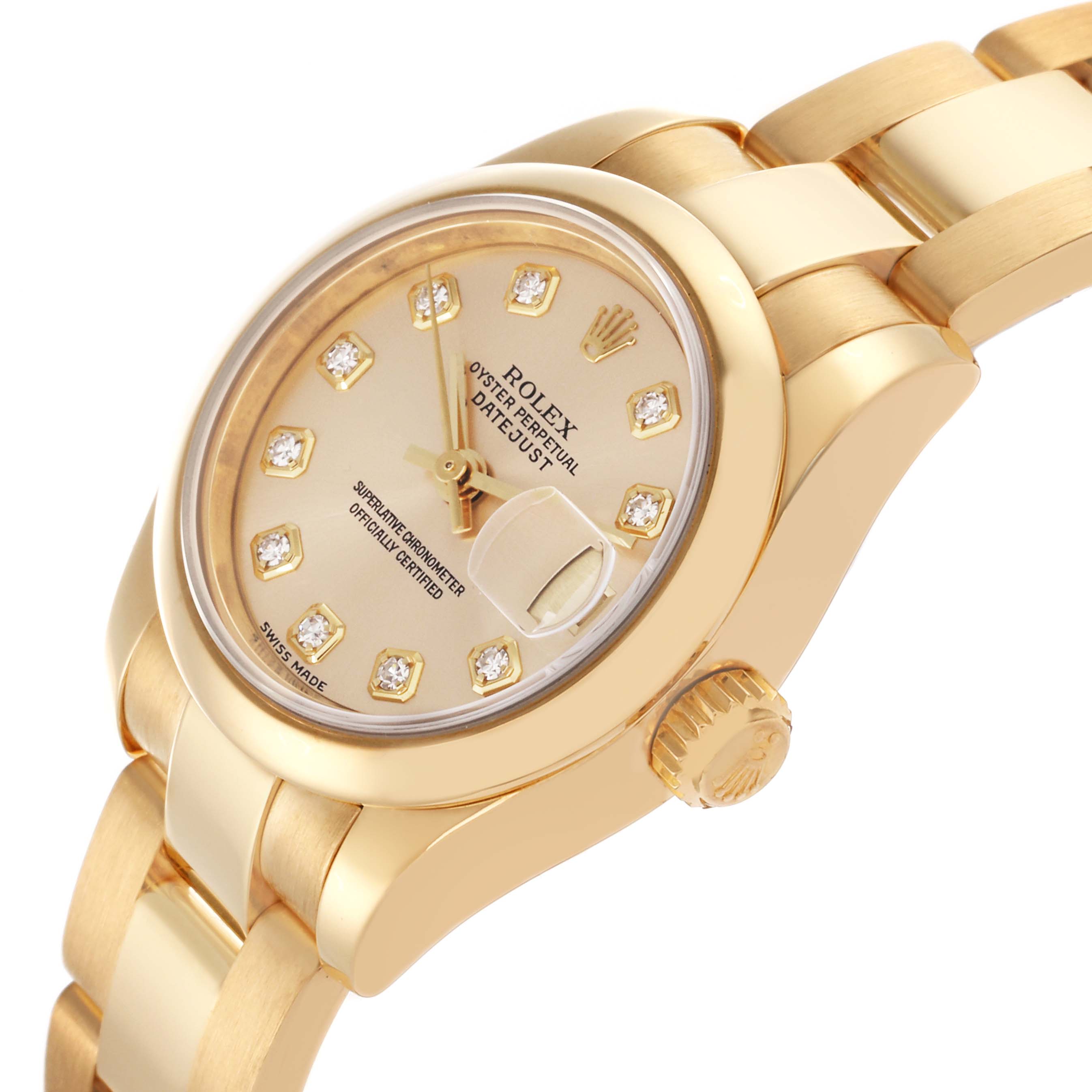 The Rolex President 179168 Women's Yellow Gold Champagne Dial 179168 Women's Yellow Gold Champagne Dial model is shown at an angle, displaying the face, crown, and part of the bracelet.