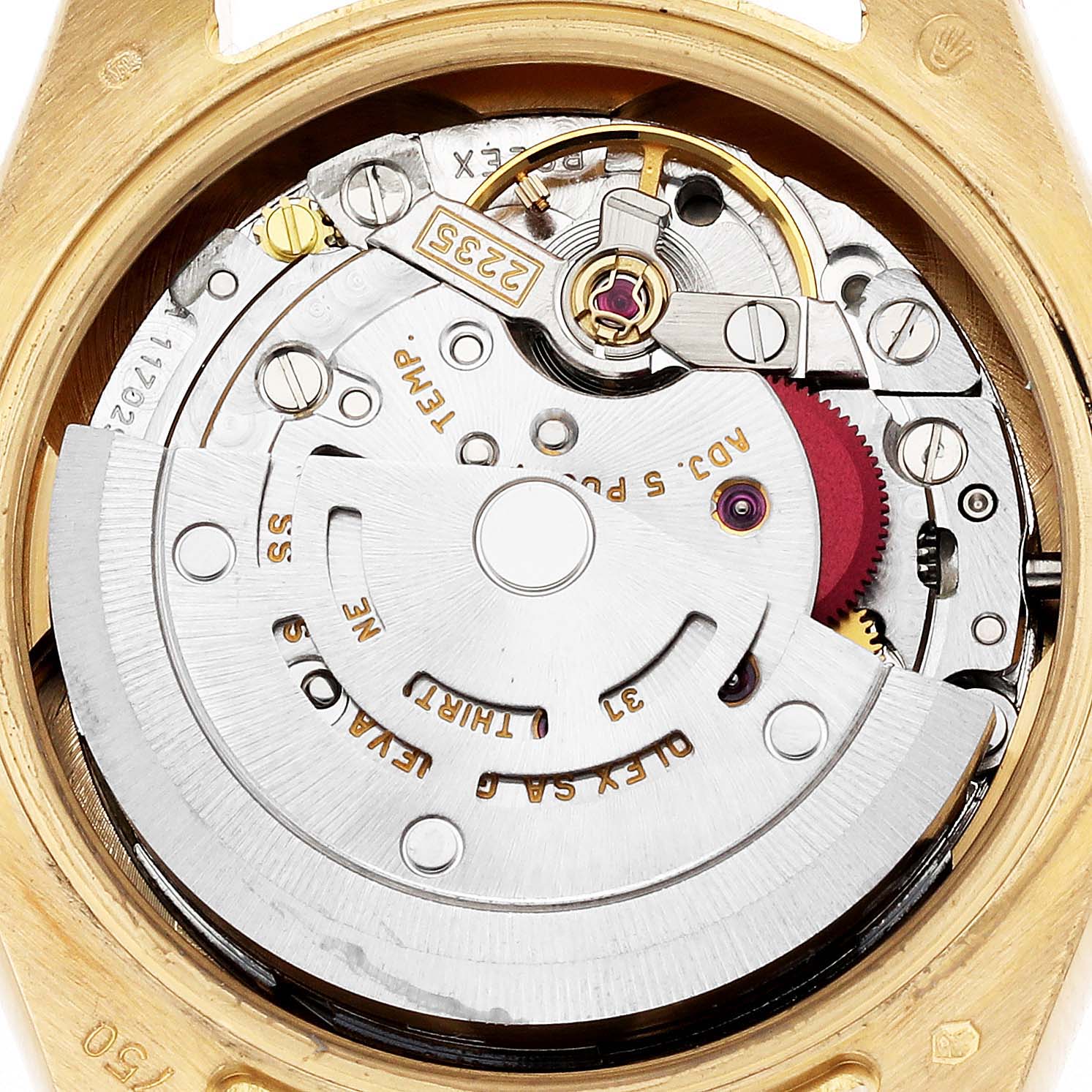 The image shows the movement of a Rolex President 179168 Women's Yellow Gold Champagne Dial 179168 Women's Yellow Gold Champagne Dial watch from a straight angle, highlighting its intricate inner components.
