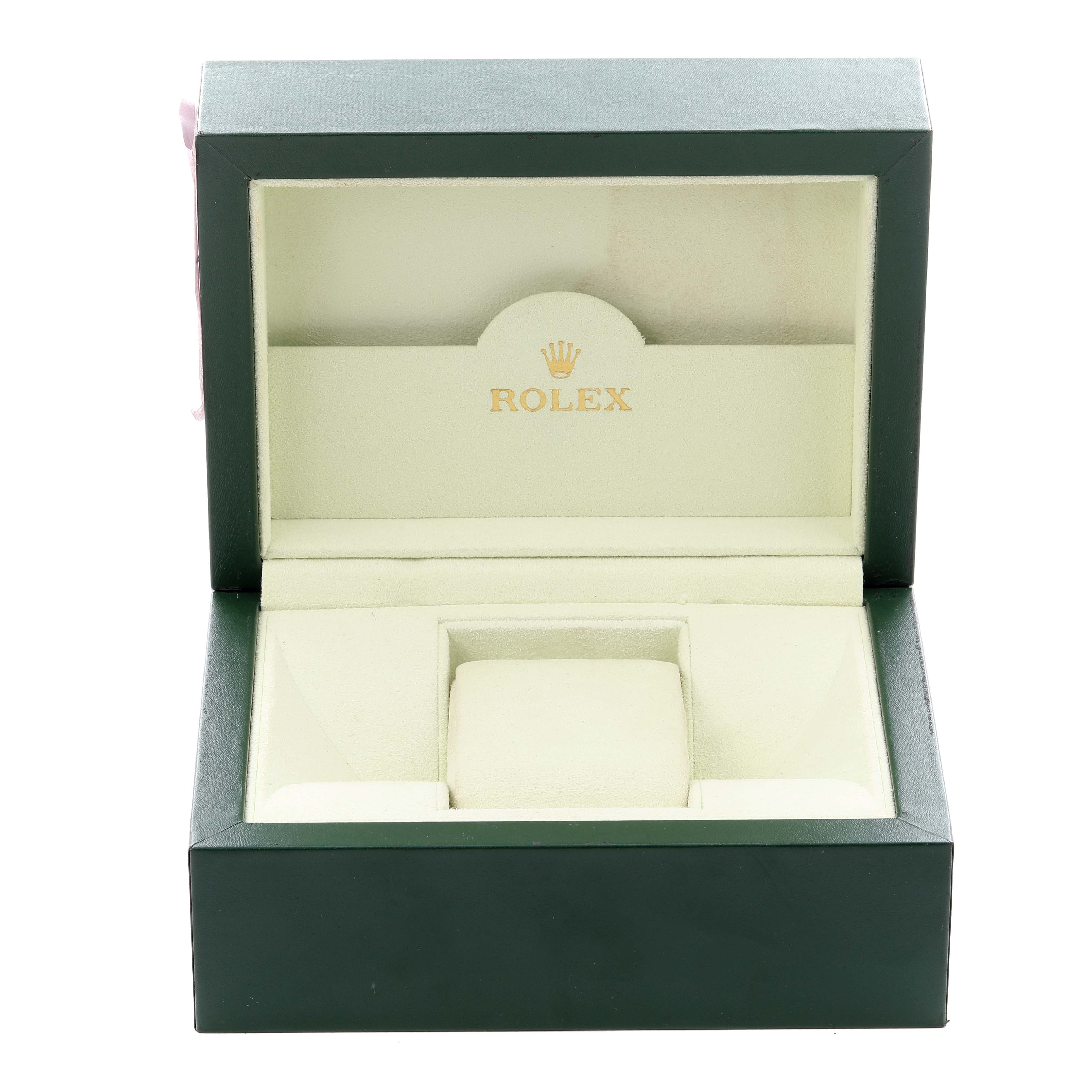 This is an open Rolex President 179168 Women's Yellow Gold Champagne Dial 179168 Women's Yellow Gold Champagne Dial model watch box, showing the interior compartment from the front angle.