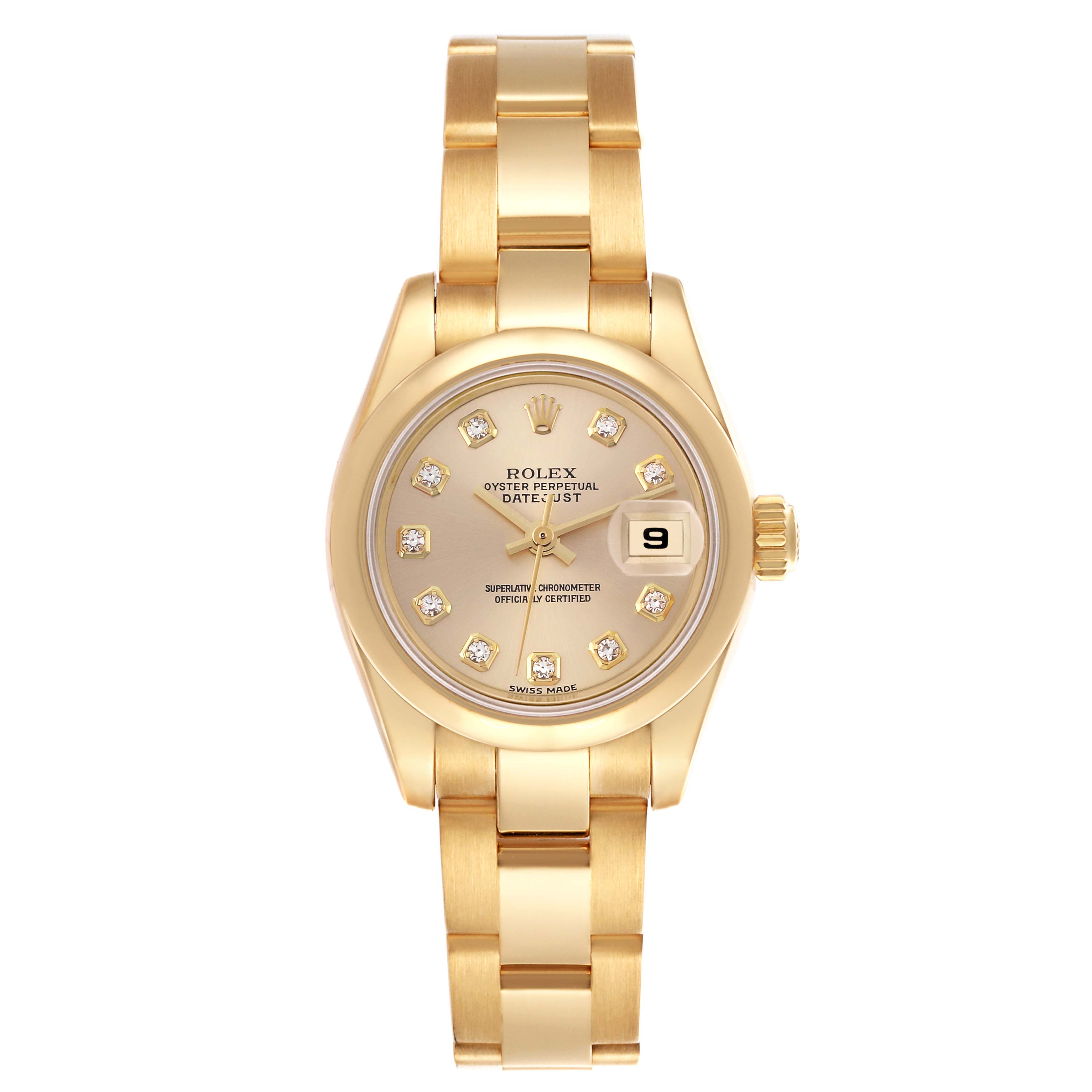 The Rolex President 179168 Women's Yellow Gold Champagne Dial 179168 Women's Yellow Gold Champagne Dial model watch is shown from a top view, displaying its gold bracelet, dial with diamond markers, and date window.