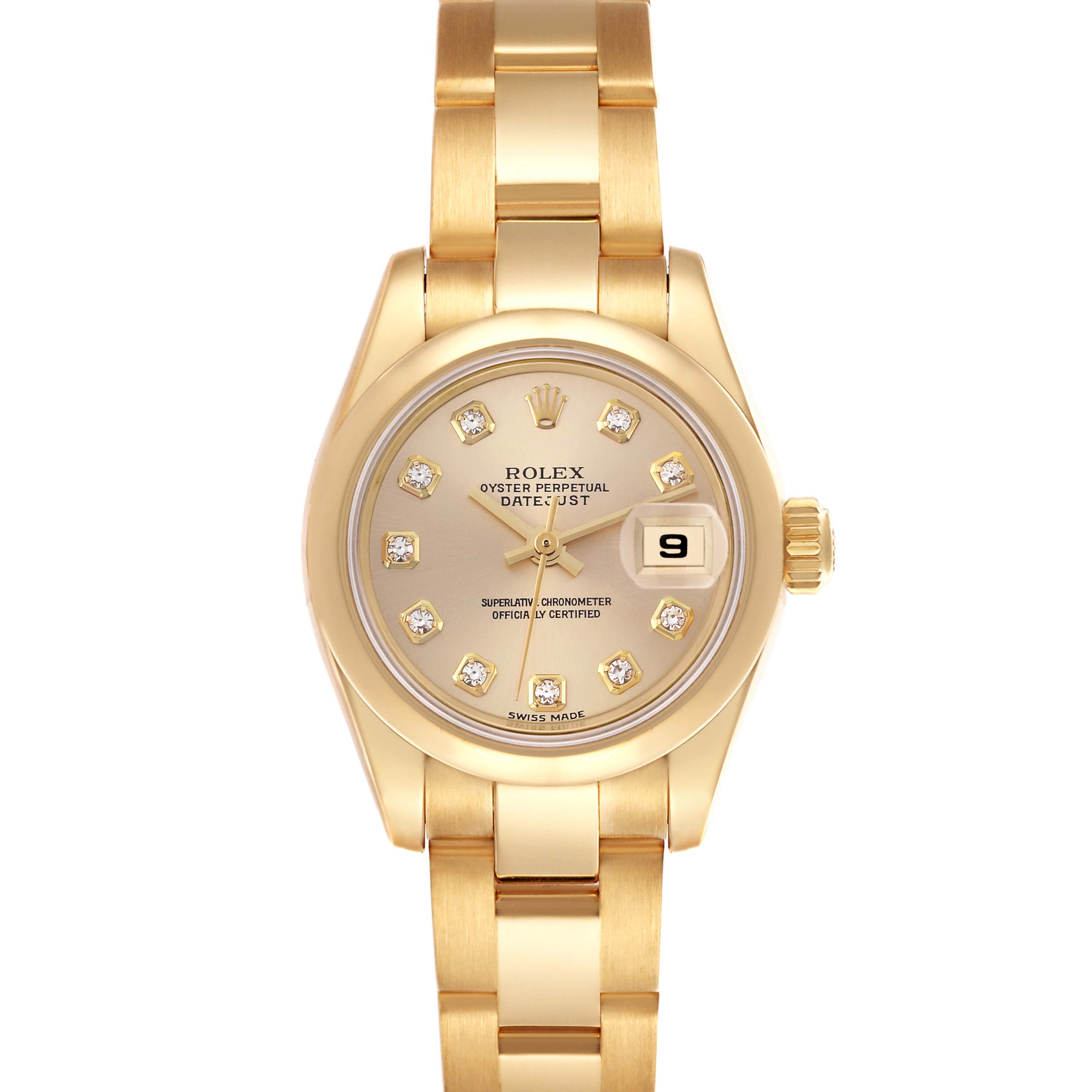 The Rolex President 179168 Women's Yellow Gold Champagne Dial 179168 Women's Yellow Gold Champagne Dial model watch is shown from a straight-on angle, highlighting the face, bezel, and bracelet.