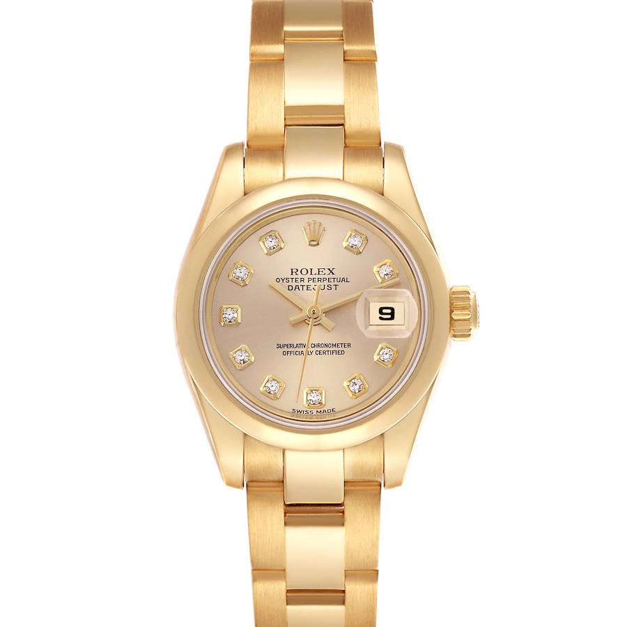 The Rolex President model watch is shown from a straight-on angle, highlighting the face, bezel, and bracelet.