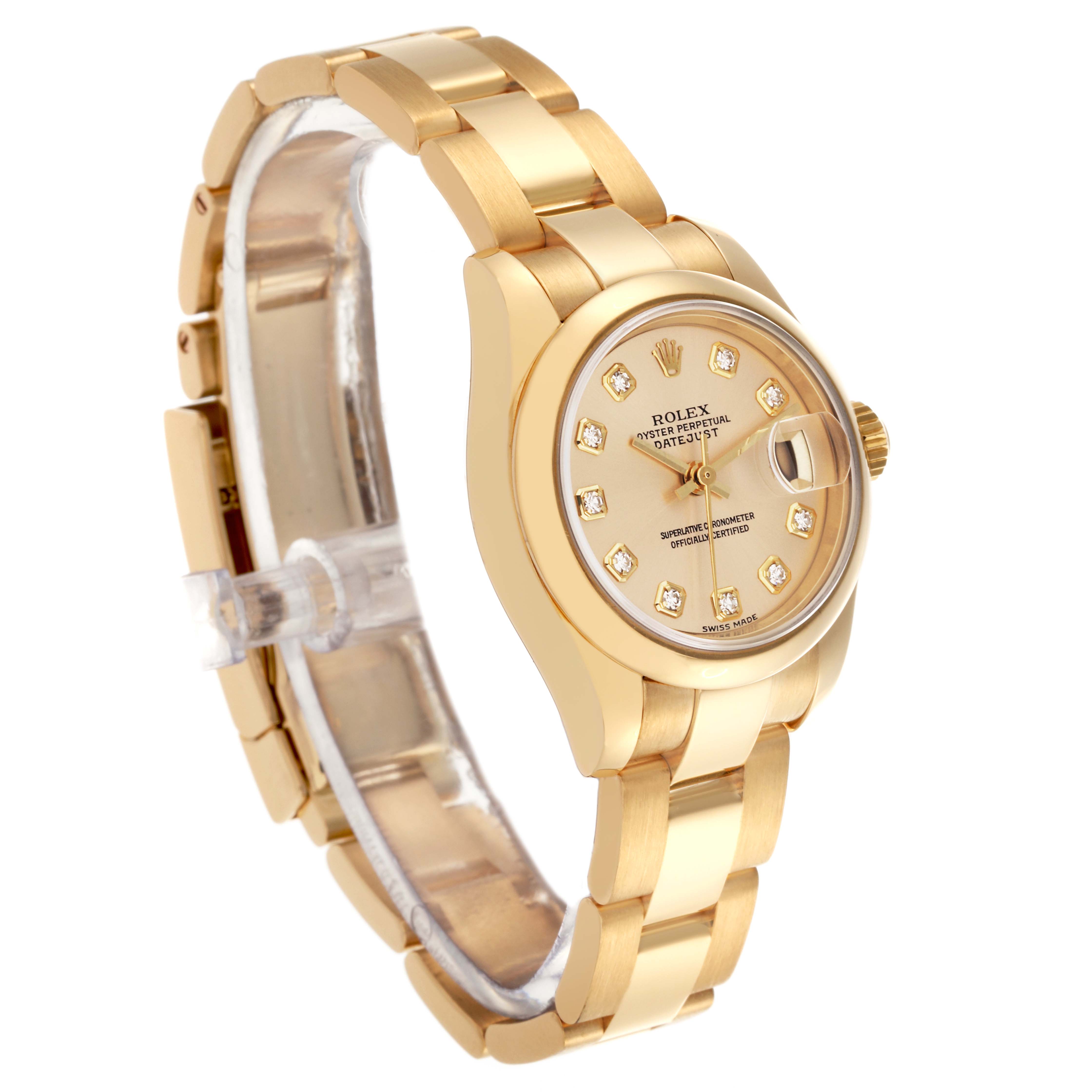 The Rolex President 179168 Women's Yellow Gold Champagne Dial 179168 Women's Yellow Gold Champagne Dial watch is shown from a three-quarter angle, highlighting the bracelet, case, and diamond dial.