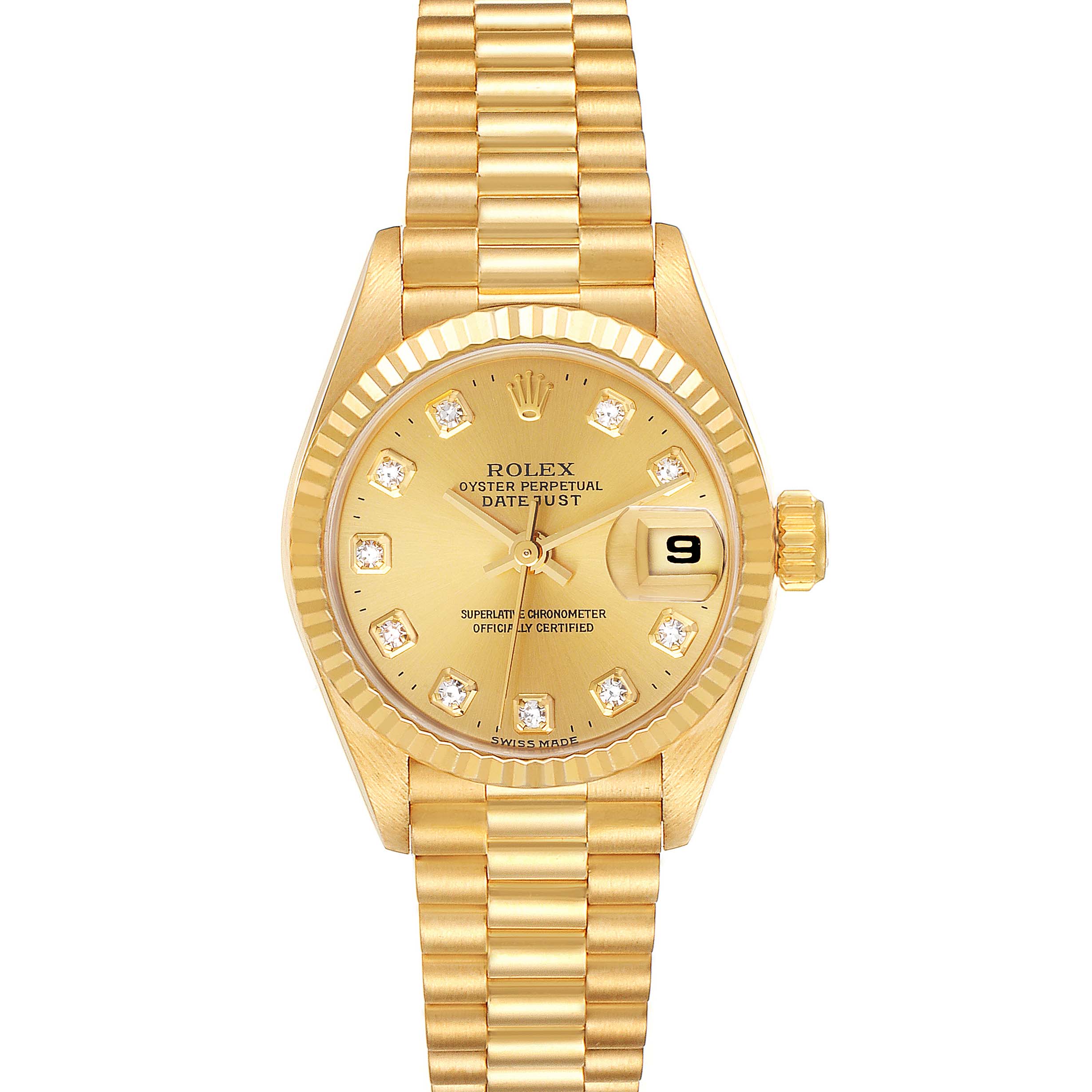 The Rolex President 69178 Women
s Yellow Gold Champagne Dial 69178 Women
s Yellow Gold Champagne Dial model watch is shown from a top-down angle, highlighting the face, bezel, and bracelet.