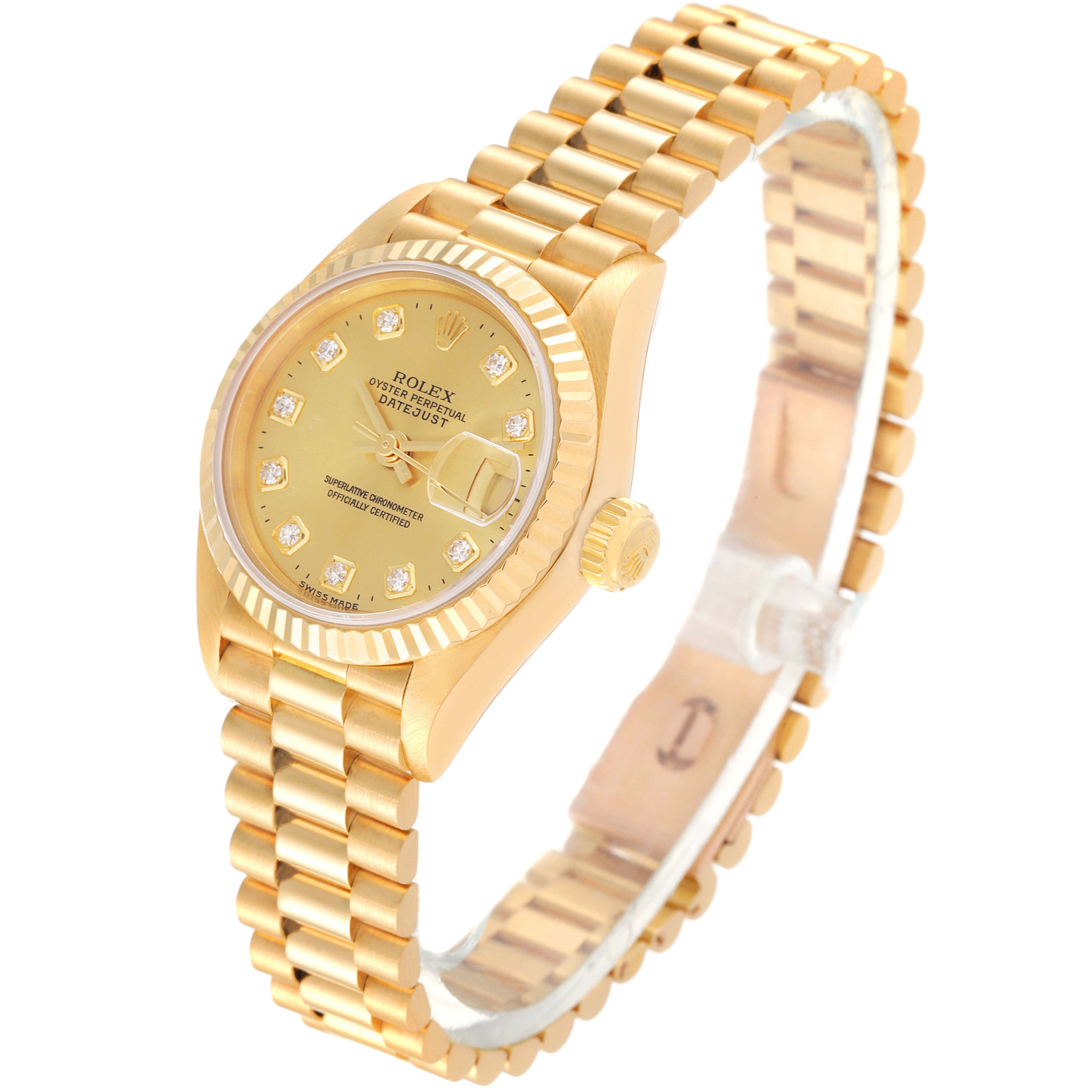 The image shows a side angle of the Rolex President 69178 Women
s Yellow Gold Champagne Dial 69178 Women
s Yellow Gold Champagne Dial model watch, displaying the dial, band, and crown.