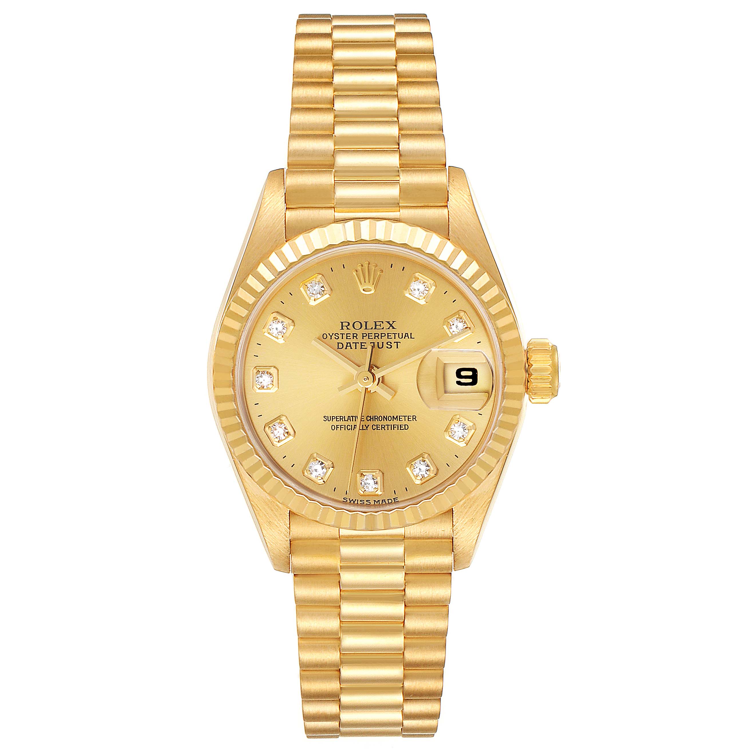 The image shows a front view of a Rolex President 69178 Women
s Yellow Gold Champagne Dial 69178 Women
s Yellow Gold Champagne Dial model watch with its dial, bracelet, and date display visible.