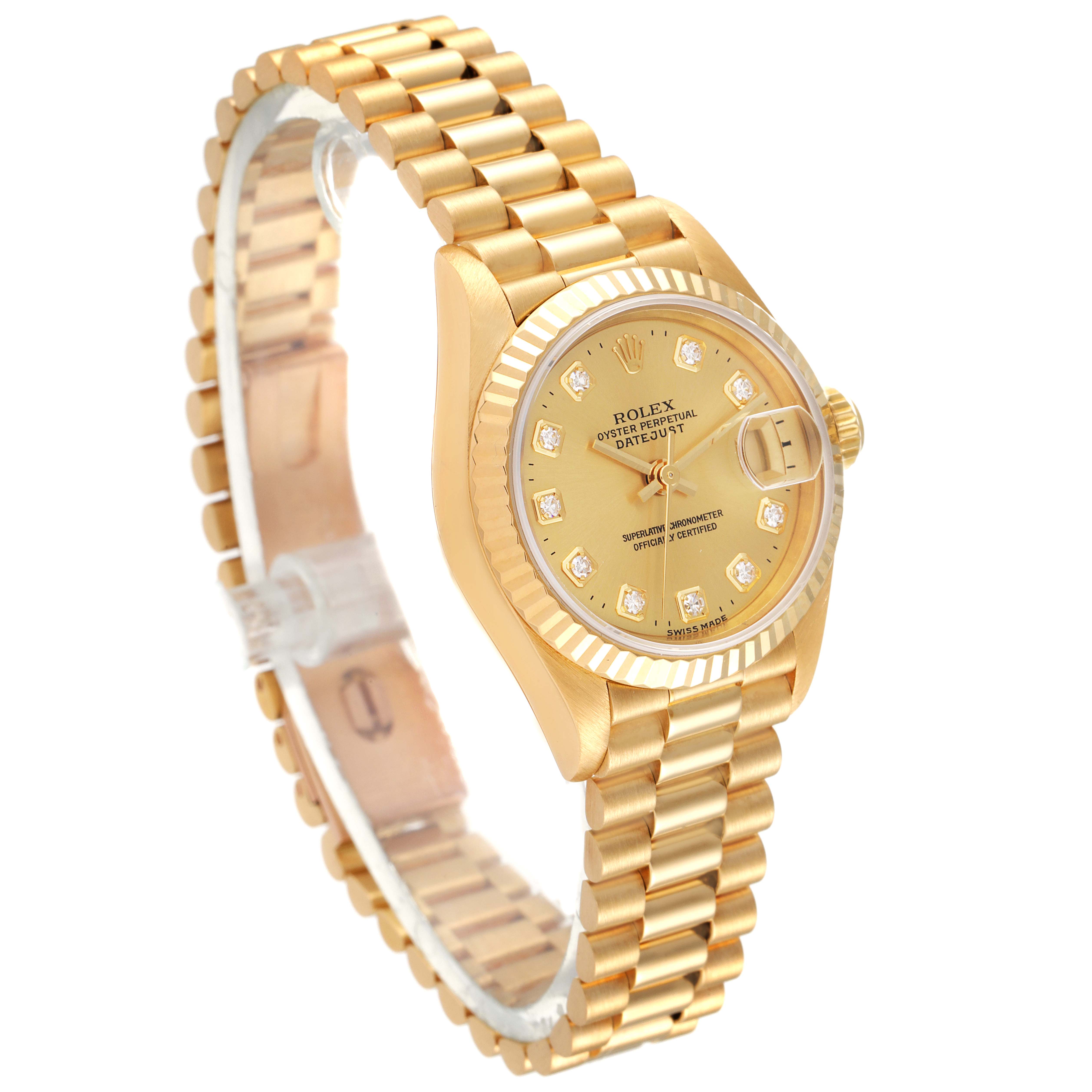 The Rolex President 69178 Women
s Yellow Gold Champagne Dial 69178 Women
s Yellow Gold Champagne Dial model watch is shown at an angled side view, highlighting its gold bracelet, bezel, and diamond-studded dial.