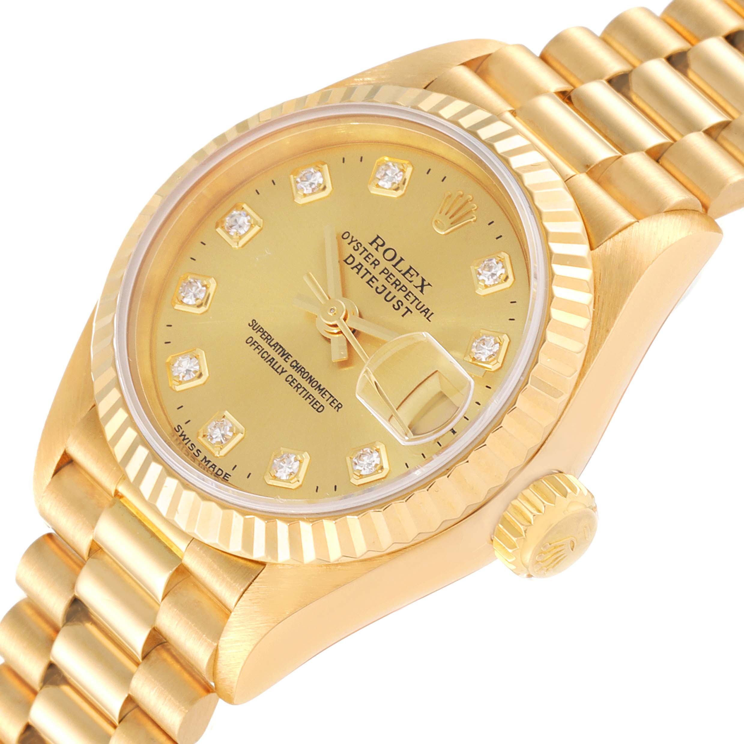 This image shows a close-up angle of a Rolex President 69178 Women
s Yellow Gold Champagne Dial 69178 Women
s Yellow Gold Champagne Dial model watch, highlighting its gold dial, case, fluted bezel, and attached bracelet.