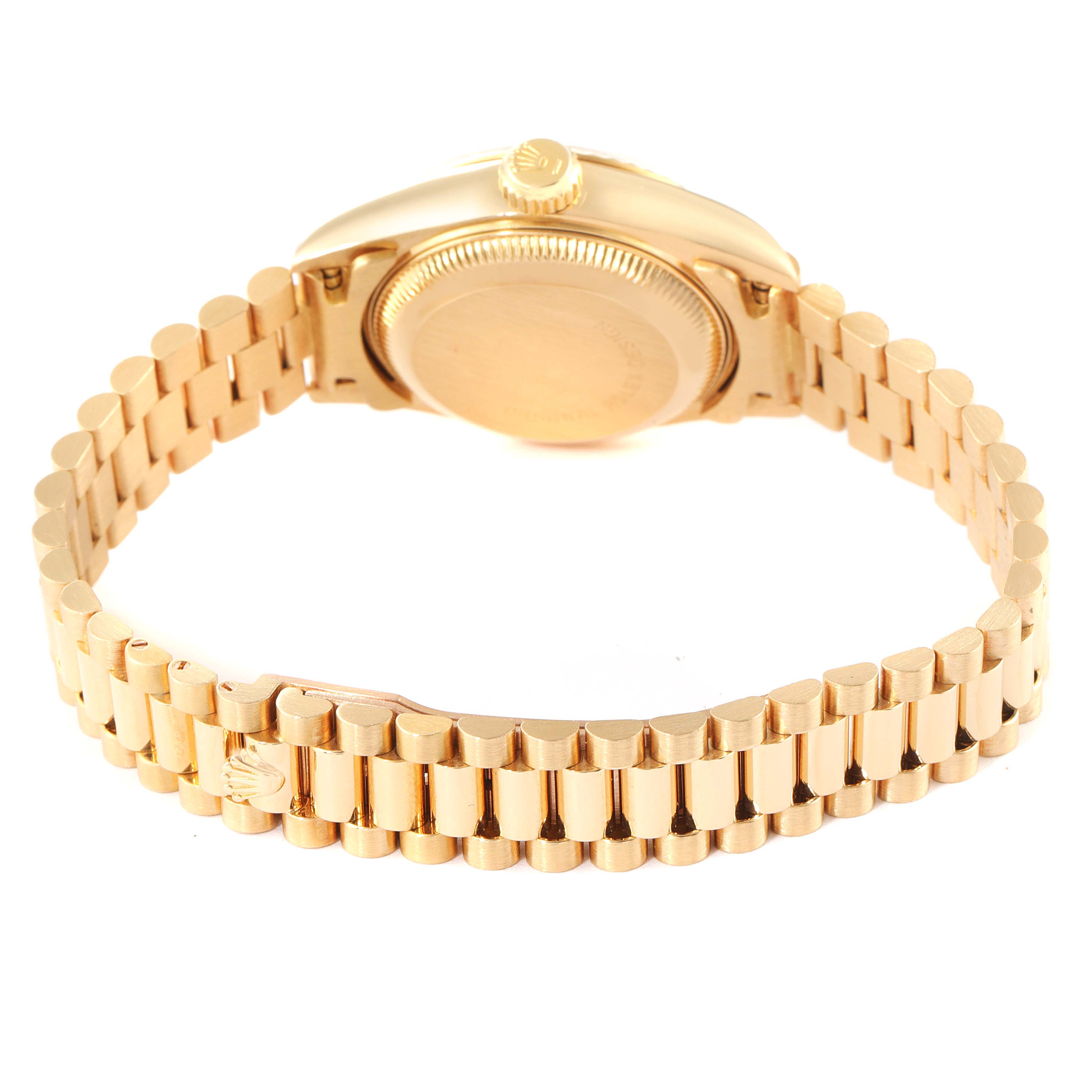 This image shows the back and bracelet of a Rolex President 69178 Women
s Yellow Gold Champagne Dial 69178 Women
s Yellow Gold Champagne Dial model watch, highlighting the clasp and crown.