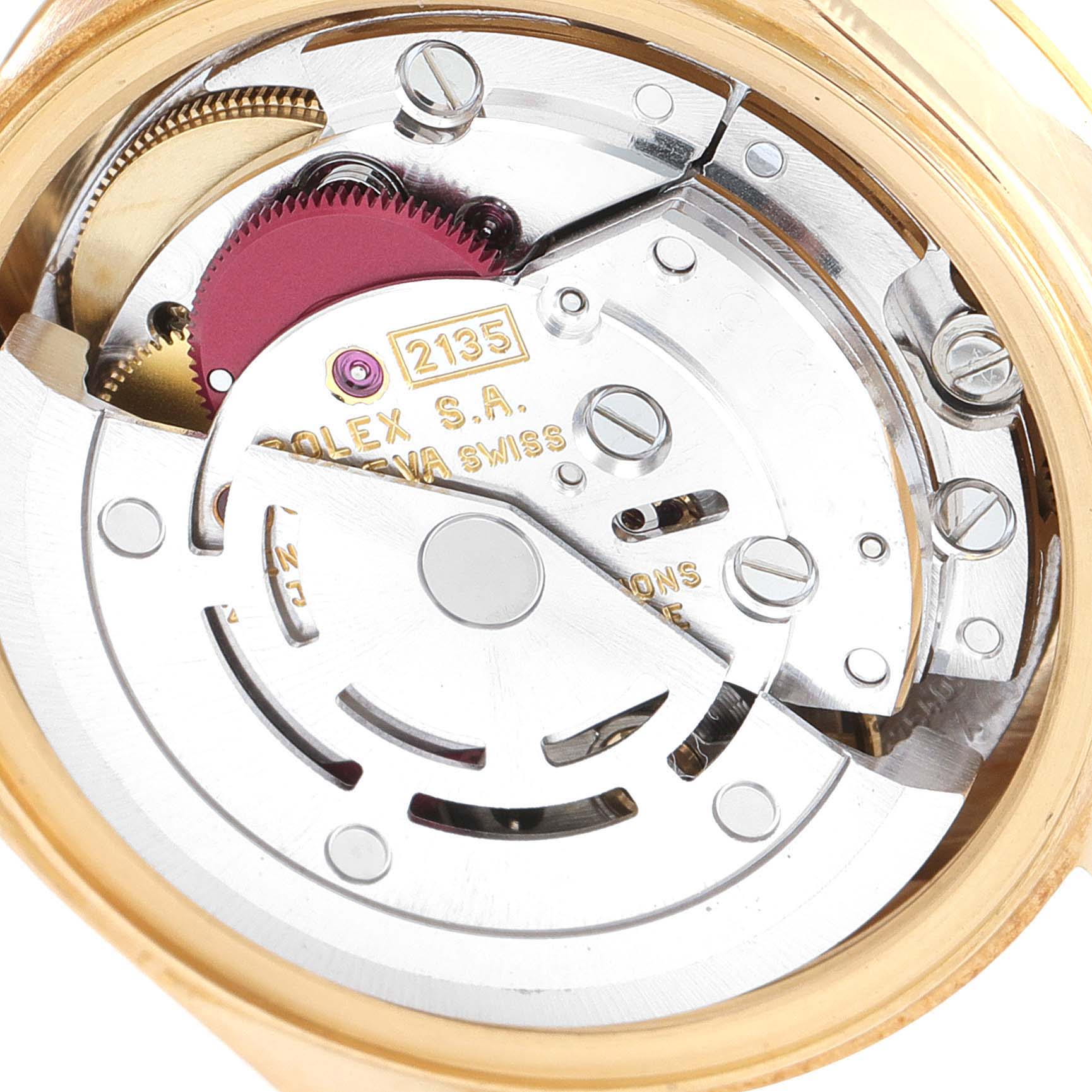 The image shows a close-up view of the inner mechanical components of a Rolex President 69178 Women
s Yellow Gold Champagne Dial 69178 Women
s Yellow Gold Champagne Dial model watch.