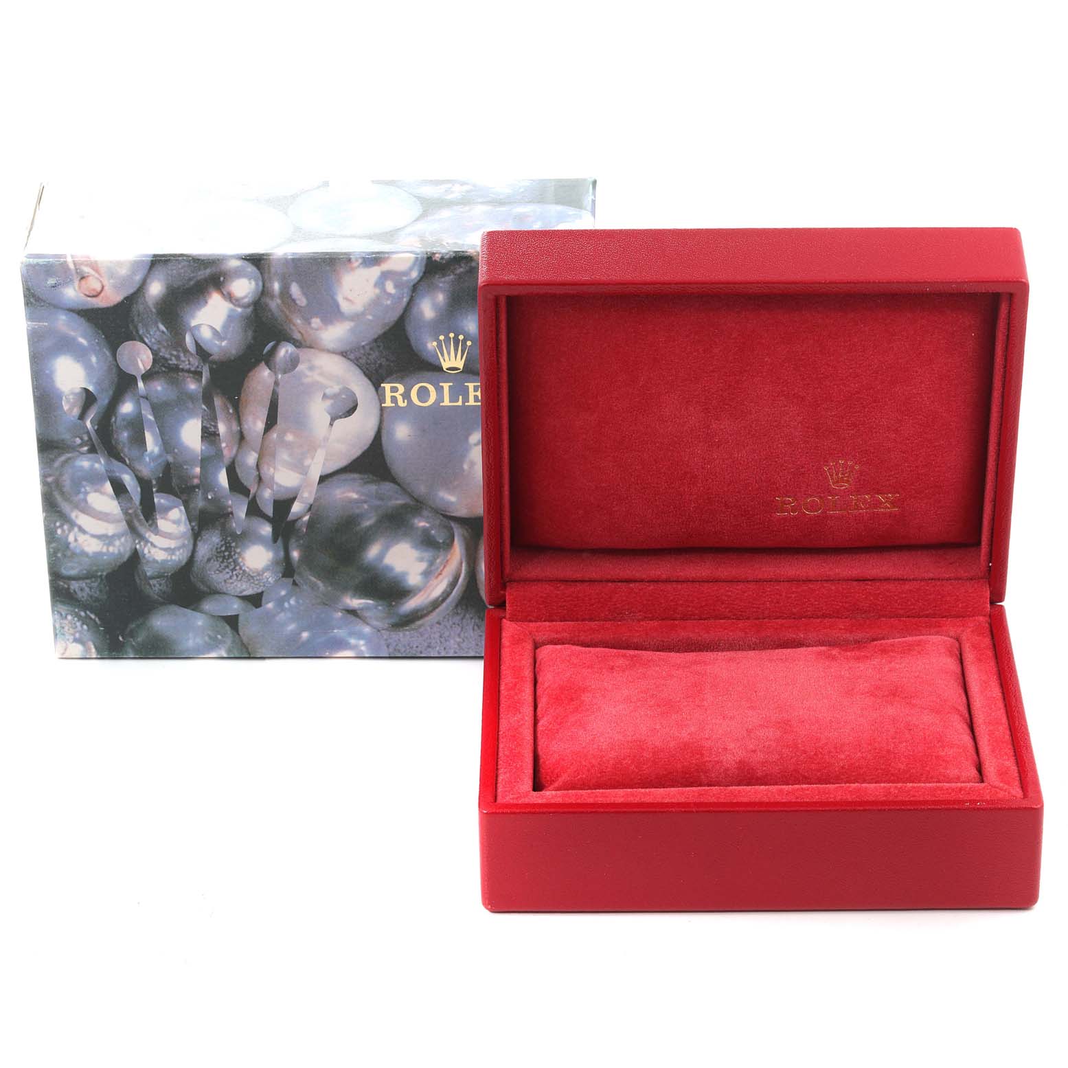 The image shows a Rolex President 69178 Women
s Yellow Gold Champagne Dial 69178 Women
s Yellow Gold Champagne Dial model watch box and packaging, with the box open to reveal a red velvet interior.