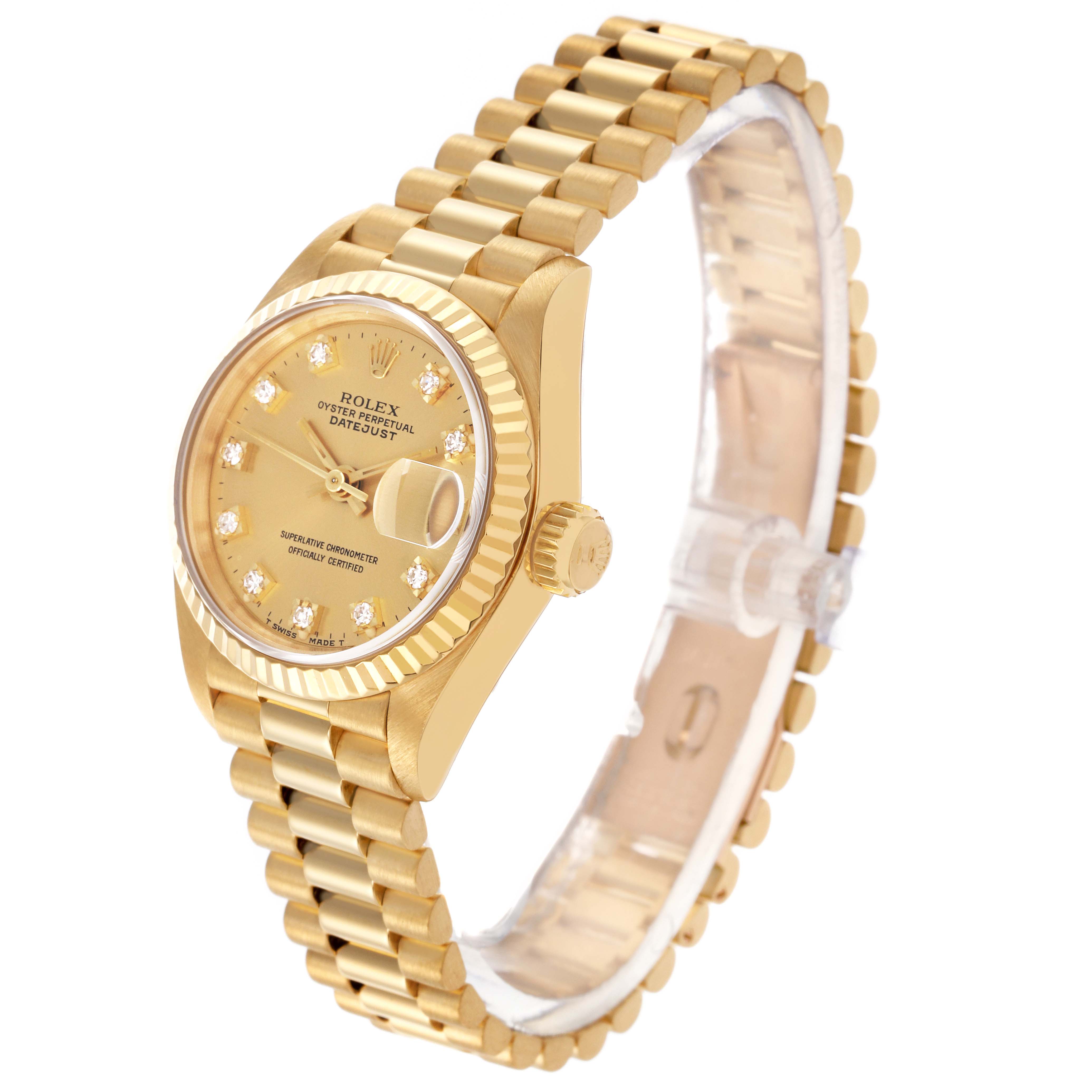 The image shows the Rolex President 69178 Women's Yellow Gold Champagne Dial 69178 Women's Yellow Gold Champagne Dial watch at a 3/4 angle, highlighting the gold case, fluted bezel, bracelet, and diamond dial.