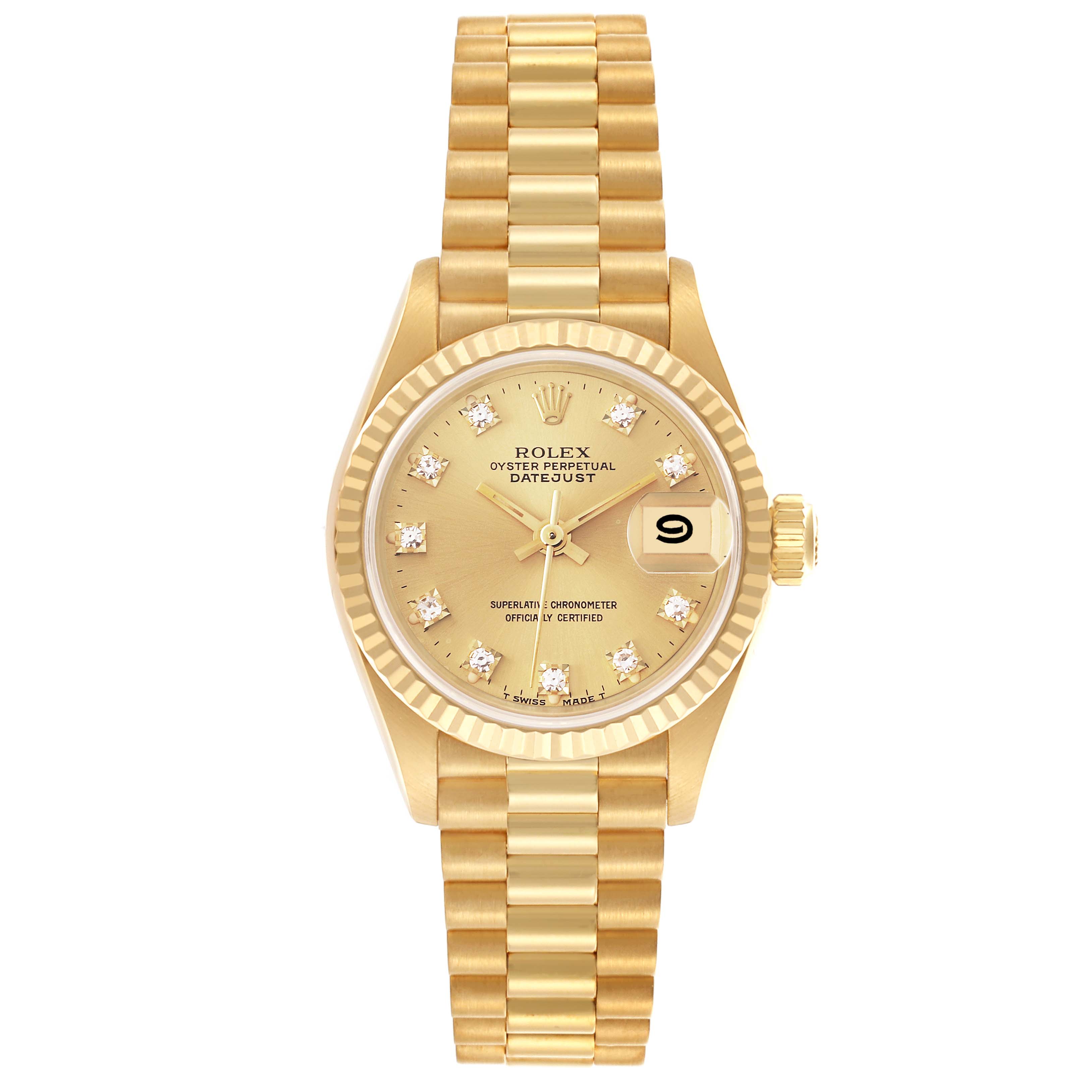 The Rolex President 69178 Women's Yellow Gold Champagne Dial 69178 Women's Yellow Gold Champagne Dial model watch is shown from a top-down angle, highlighting the gold bezel, dial, and bracelet.