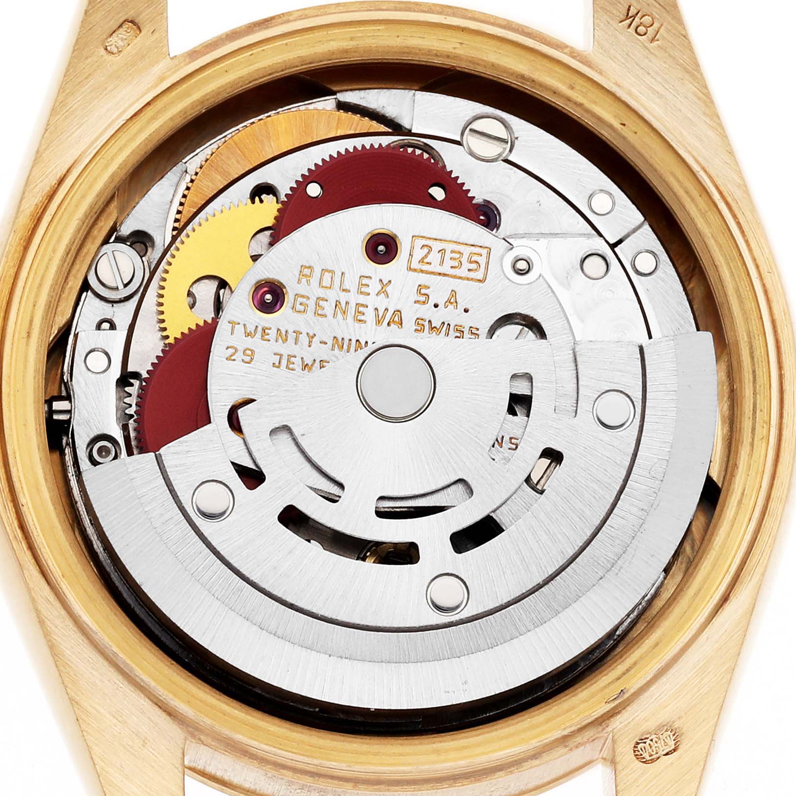 The image shows the back view of a Rolex President 69178 Women's Yellow Gold Champagne Dial 69178 Women's Yellow Gold Champagne Dial watch, revealing its movement and internal components.