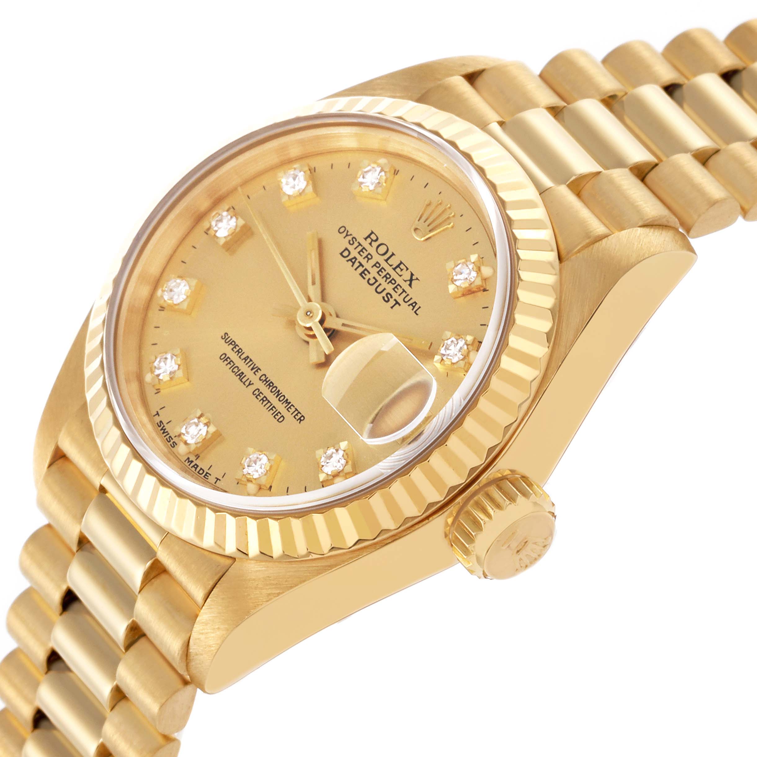 The Rolex President 69178 Women's Yellow Gold Champagne Dial 69178 Women's Yellow Gold Champagne Dial model is shown at an angled side view highlighting the gold case, diamond markers, fluted bezel, and bracelet.