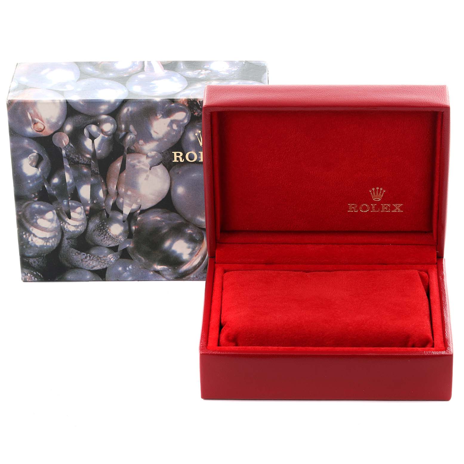 The image shows a Rolex President 69178 Women's Yellow Gold Champagne Dial 69178 Women's Yellow Gold Champagne Dial model watch box and sleeve from the front angle, with the box open and lined in red.