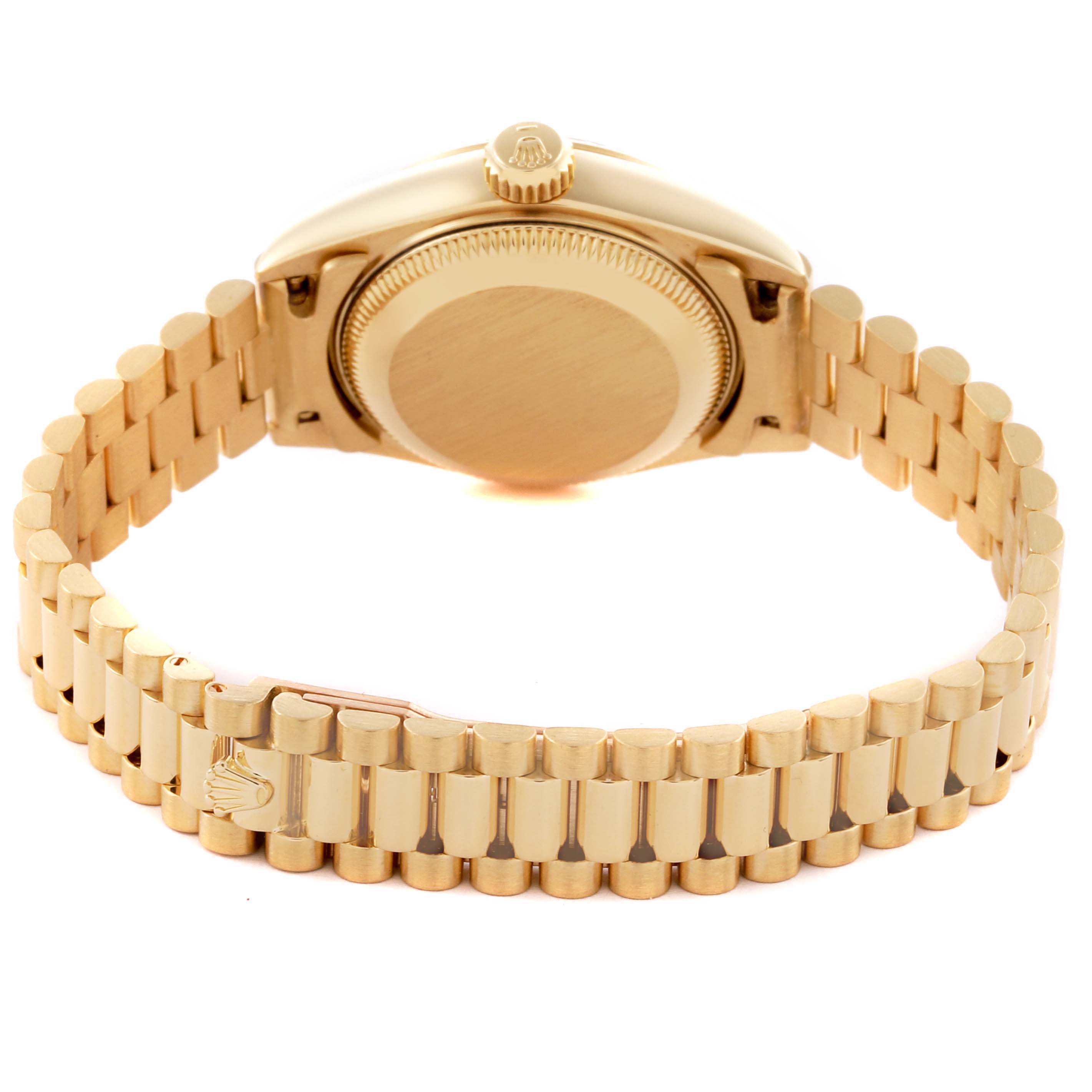 The Rolex President 69178 Women's Yellow Gold Champagne Dial 69178 Women's Yellow Gold Champagne Dial model watch is shown from the back, highlighting the case back, crown, and bracelet.