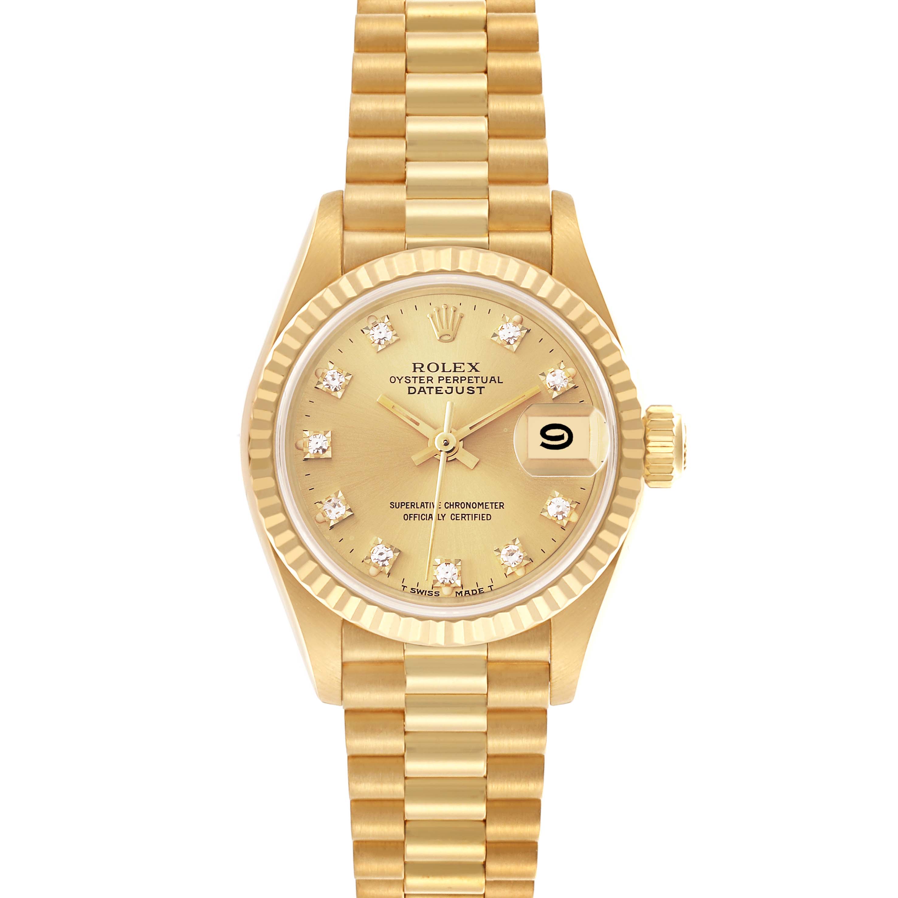 The Rolex President 69178 Women's Yellow Gold Champagne Dial 69178 Women's Yellow Gold Champagne Dial model is shown from a top-down angle, highlighting its bracelet, bezel, dial, and date window.