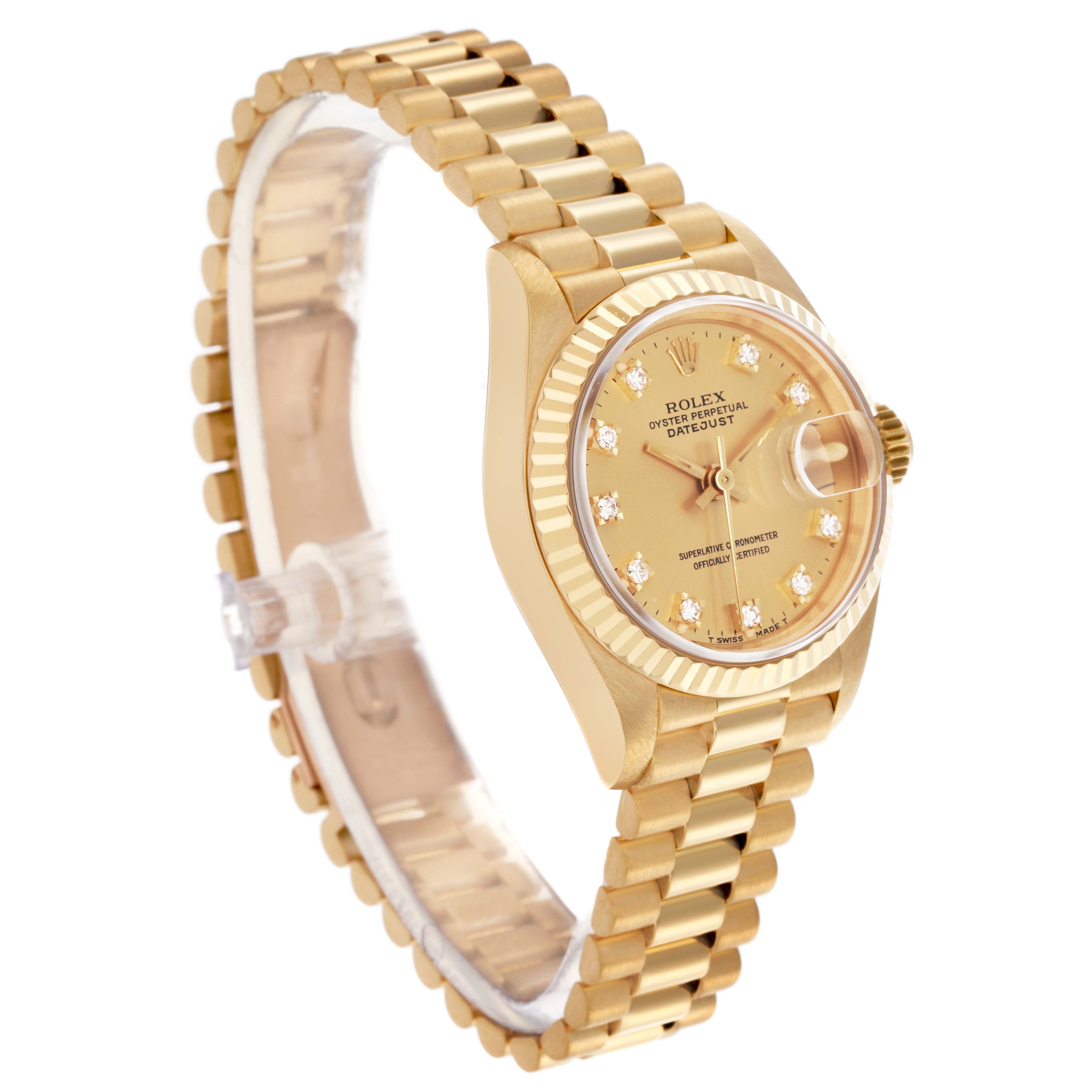 The Rolex President 69178 Women's Yellow Gold Champagne Dial 69178 Women's Yellow Gold Champagne Dial model is shown at a three-quarter angle, highlighting its face, bezel, and band.