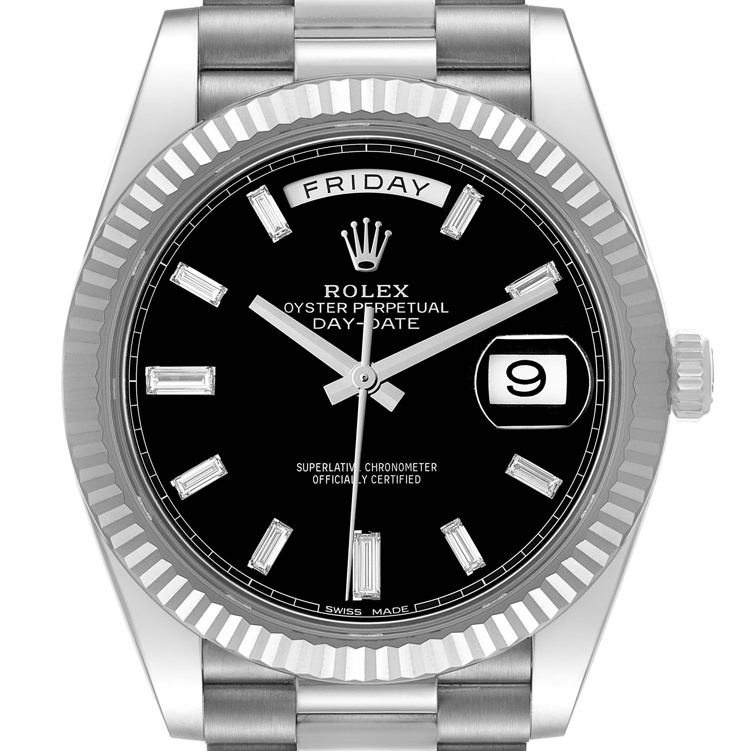 The image shows a front view of a Rolex President 228239 Men's White Gold Black Dial 228239 Men's White Gold Black Dial model watch, highlighting the dial, bezel, and part of the bracelet.