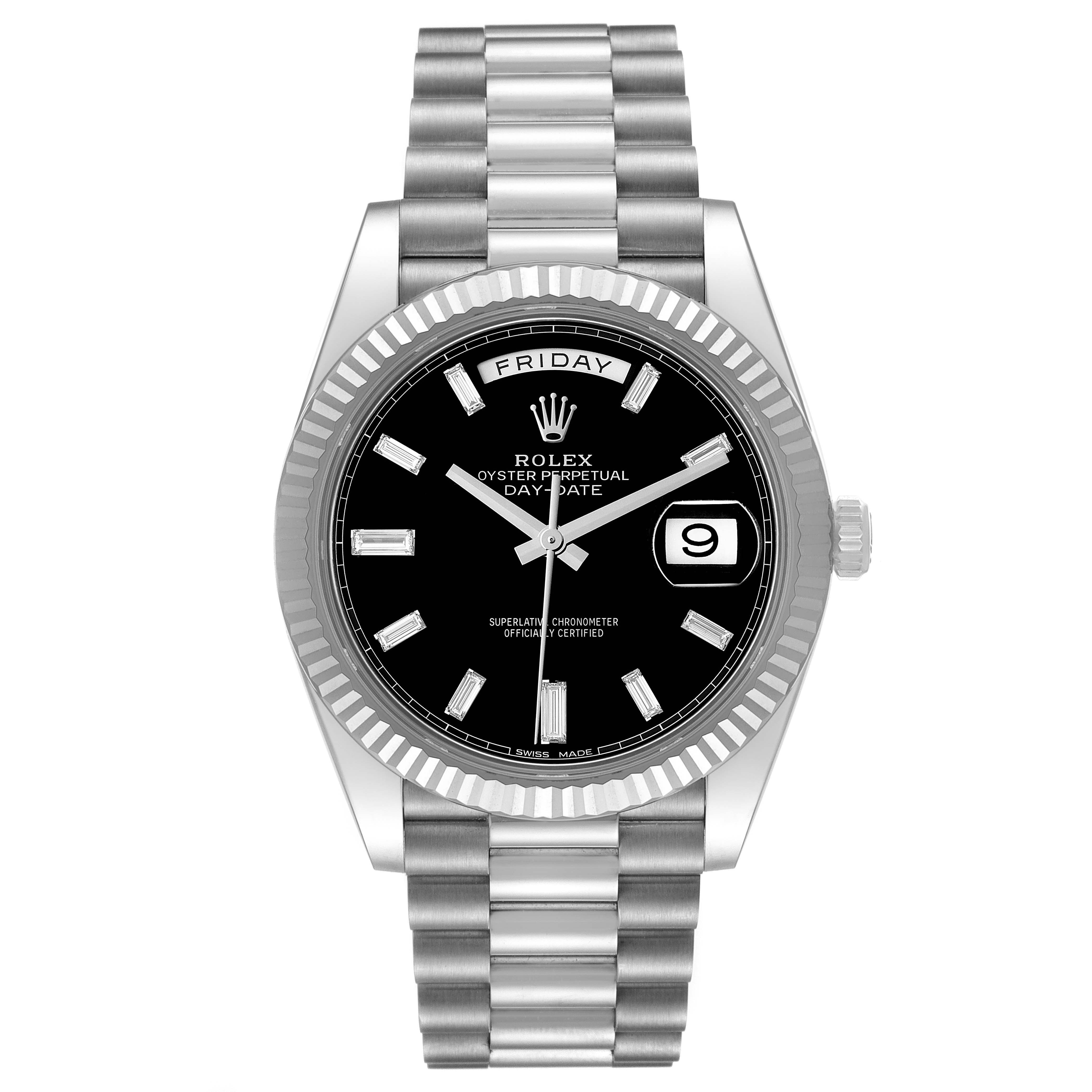 This is a front view of the Rolex President 228239 Men's White Gold Black Dial 228239 Men's White Gold Black Dial model watch, showing the bracelet, dial, bezel, day, and date display.