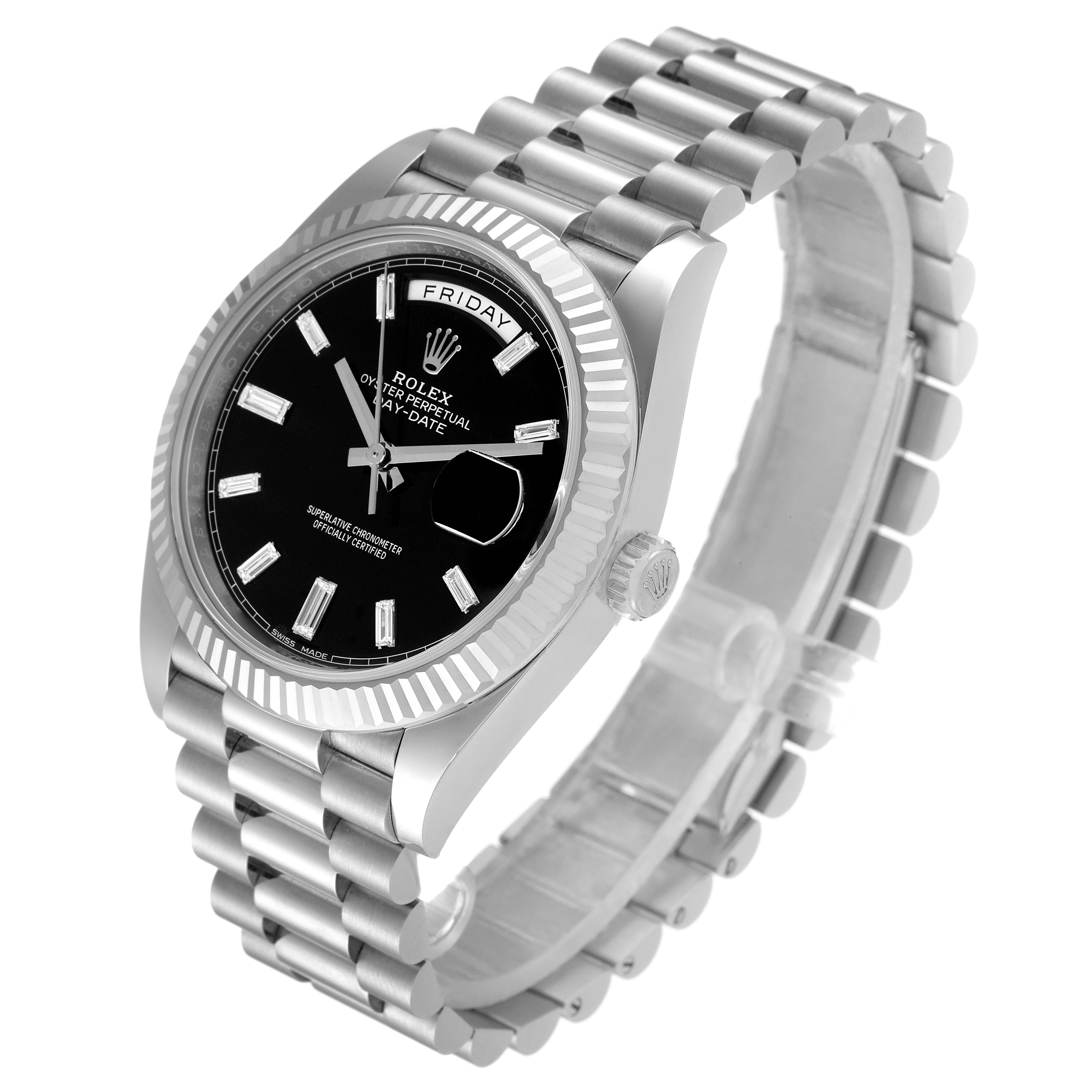The image shows a Rolex President 228239 Men's White Gold Black Dial 228239 Men's White Gold Black Dial model watch at a slight angle, displaying its dial, bezel, and bracelet.