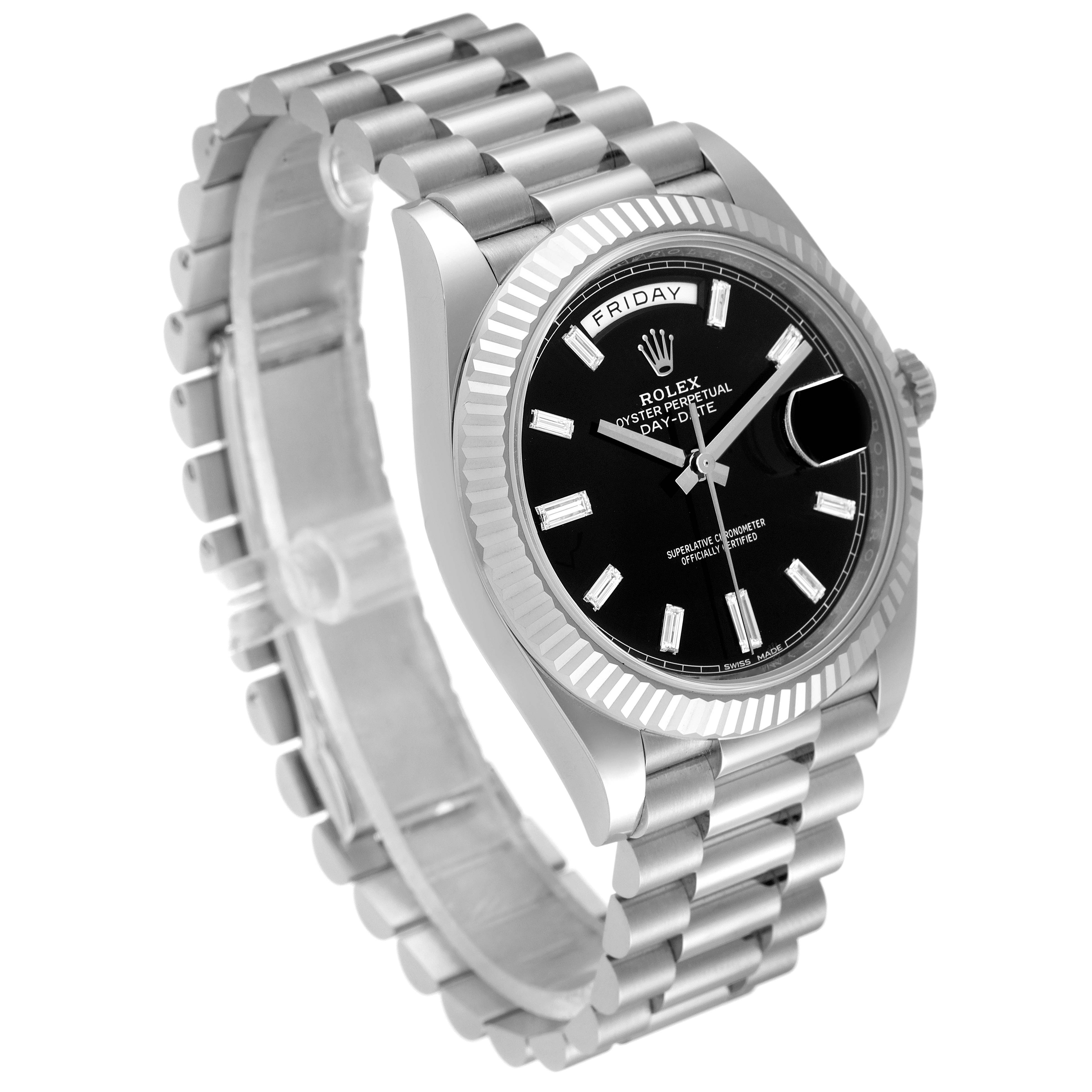 The image shows a Rolex President 228239 Men's White Gold Black Dial 228239 Men's White Gold Black Dial model watch from an angled side view, highlighting its bracelet, bezel, and black dial.