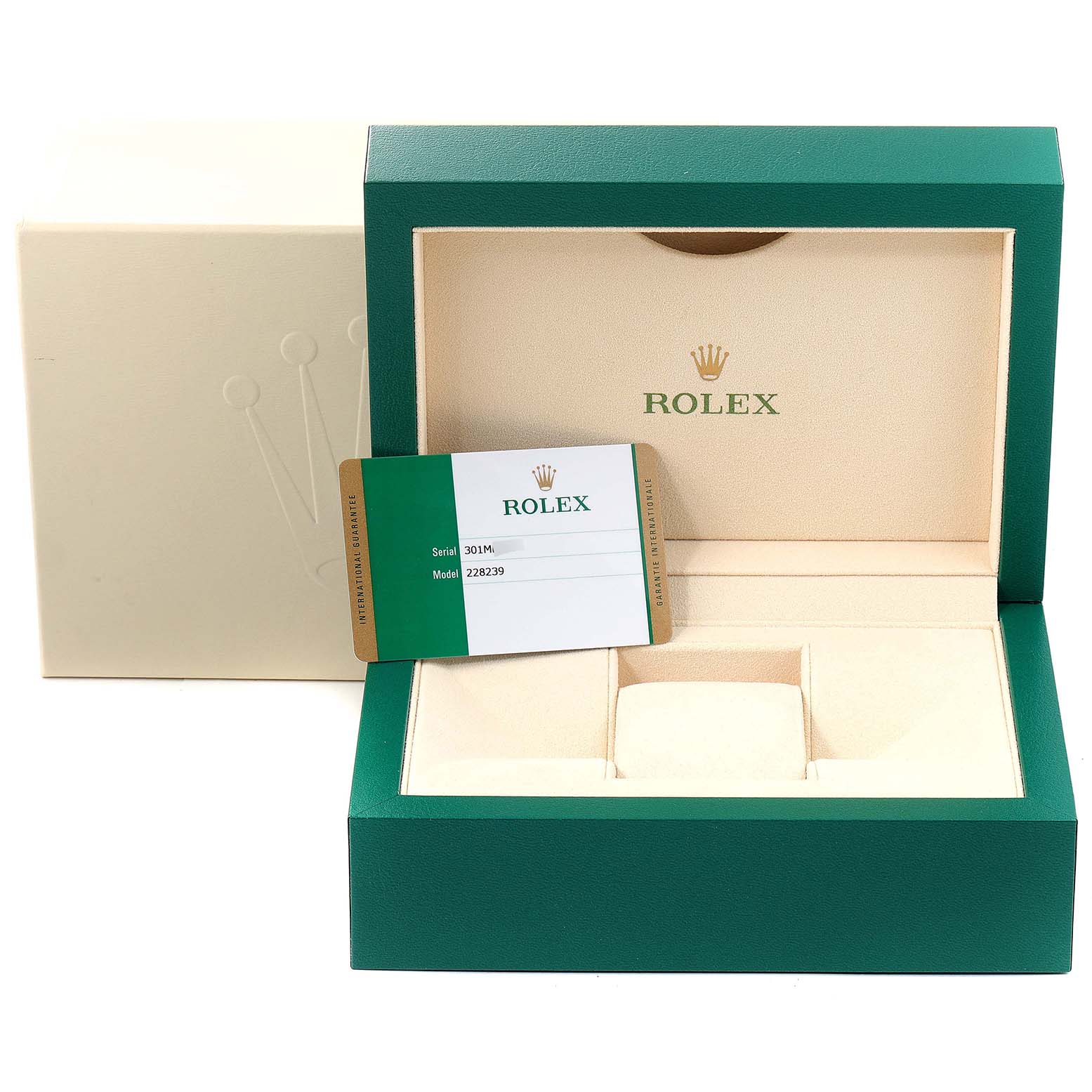 This image shows the packaging and authenticity card of a Rolex President 228239 Men's White Gold Black Dial 228239 Men's White Gold Black Dial model watch, including the outer box, inner box, and cushion.