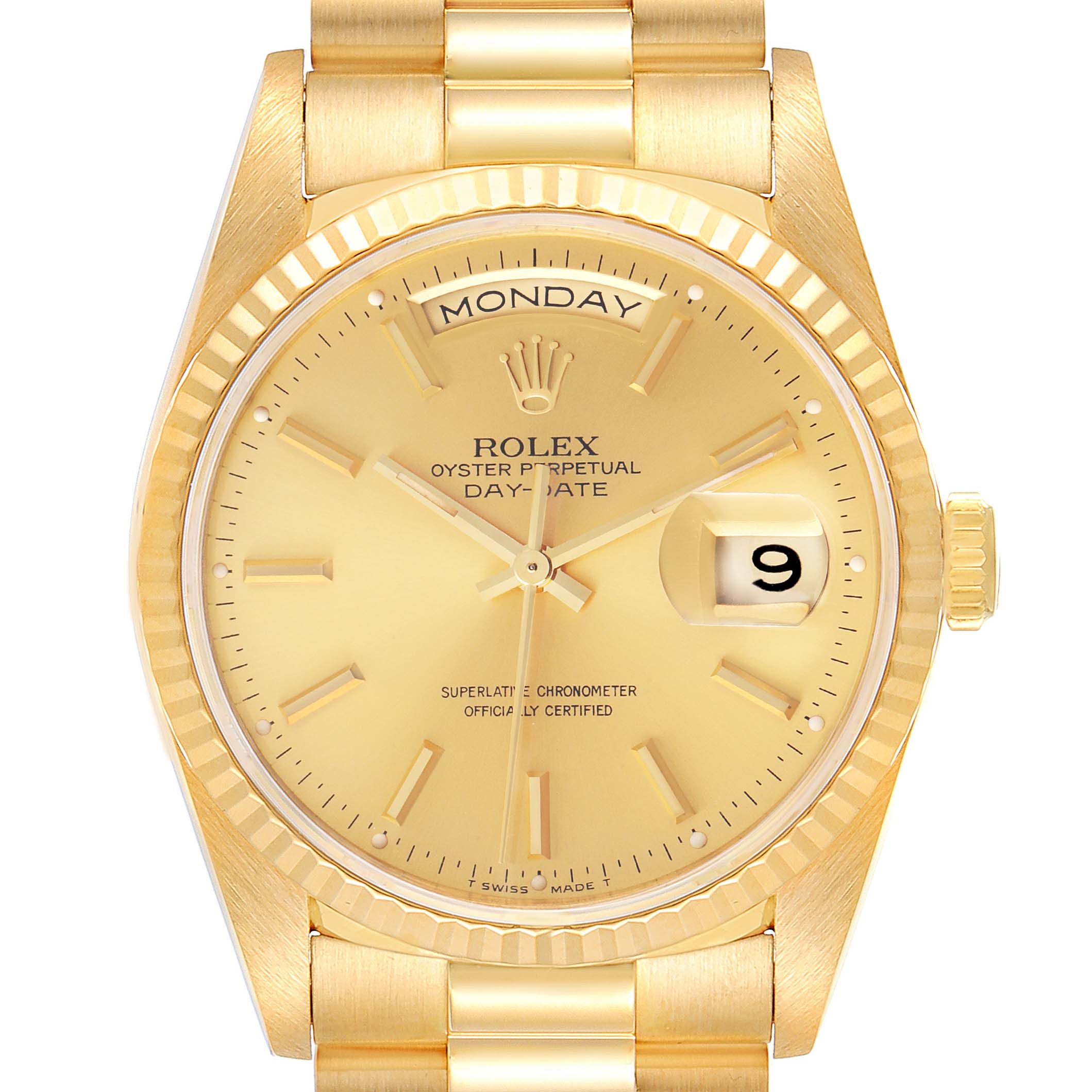 The image shows a front view of the Rolex President 18238 Men's Yellow Gold Champagne Dial 18238 Men's Yellow Gold Champagne Dial model watch, with its gold face, fluted bezel, day-date display, and bracelet.