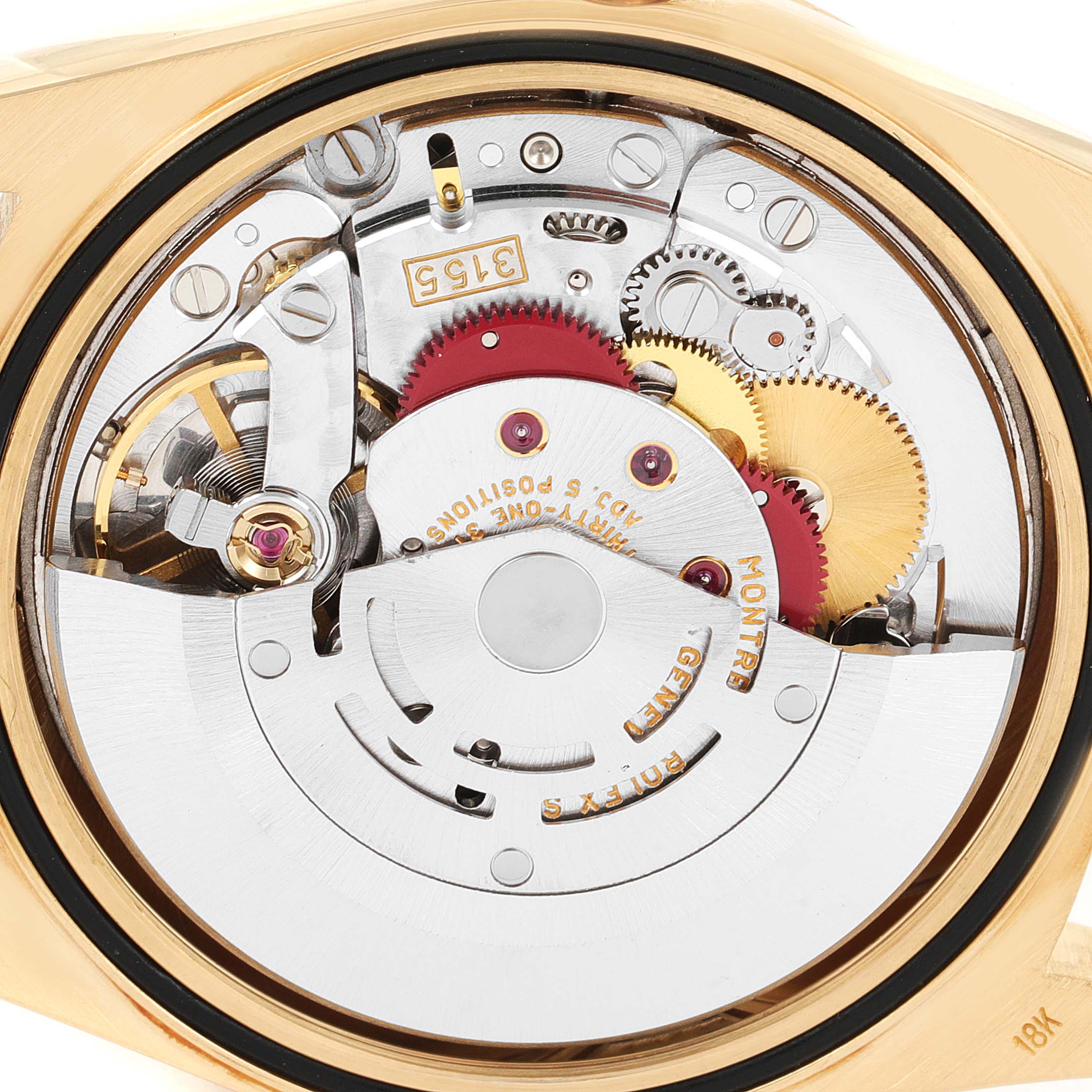 This image shows a close-up view of the internal movement parts of a Rolex President 18238 Men's Yellow Gold Champagne Dial 18238 Men's Yellow Gold Champagne Dial model watch.
