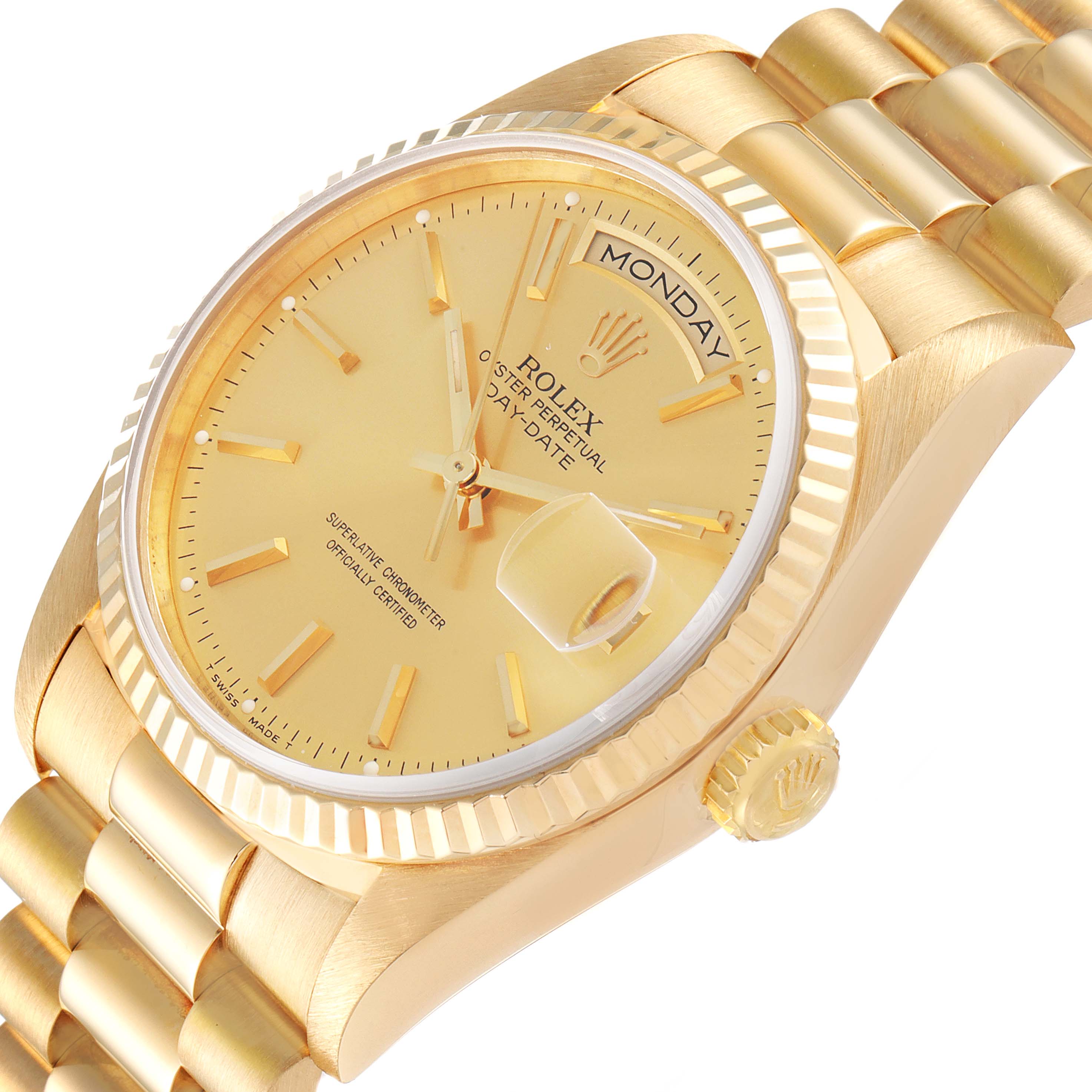 The image shows a Rolex President 18238 Men's Yellow Gold Champagne Dial 18238 Men's Yellow Gold Champagne Dial model watch at a slightly tilted angle, highlighting the dial, bezel, and bracelet.