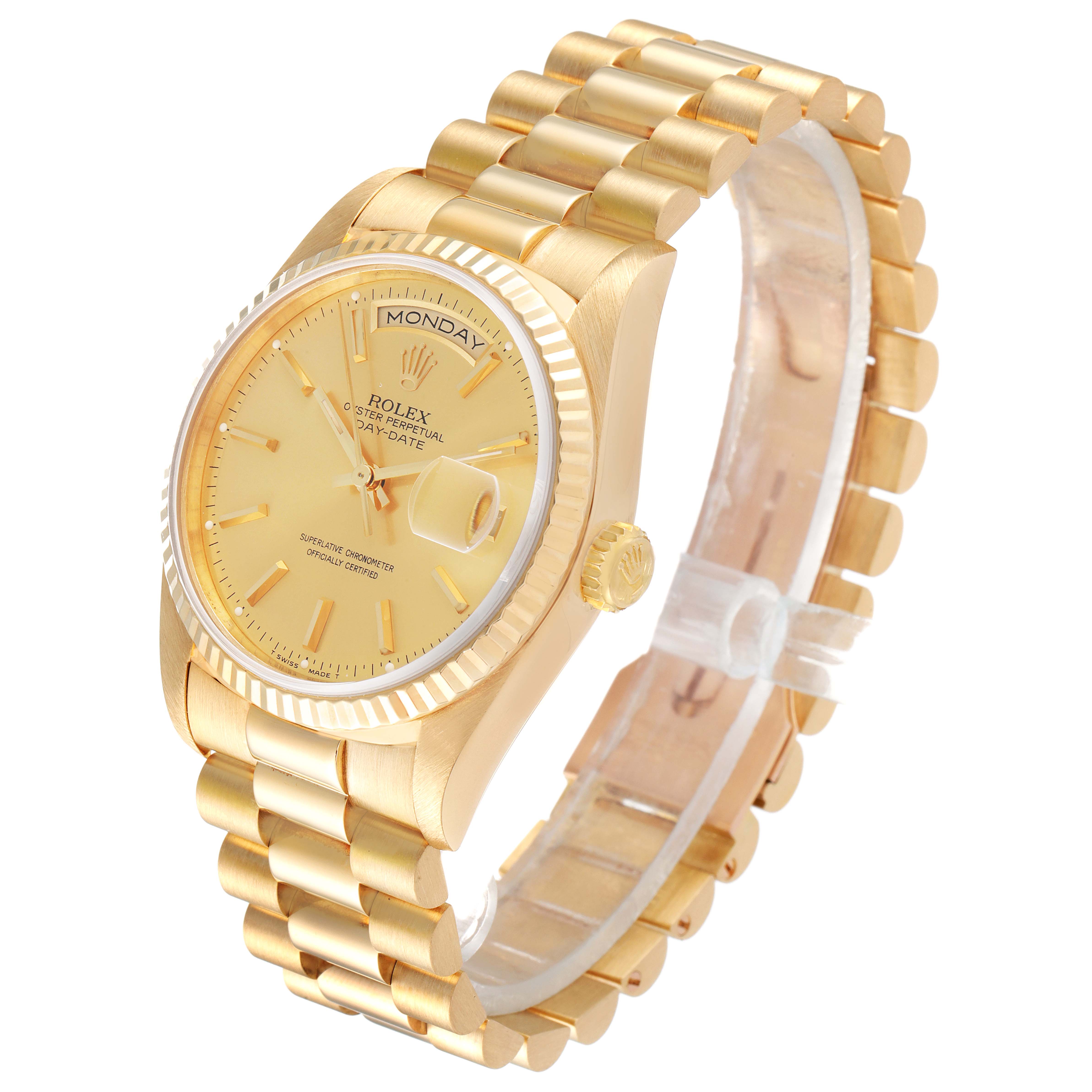 This image shows a gold Rolex President 18238 Men's Yellow Gold Champagne Dial 18238 Men's Yellow Gold Champagne Dial model watch at a three-quarter angle, highlighting the dial, bracelet, and crown.