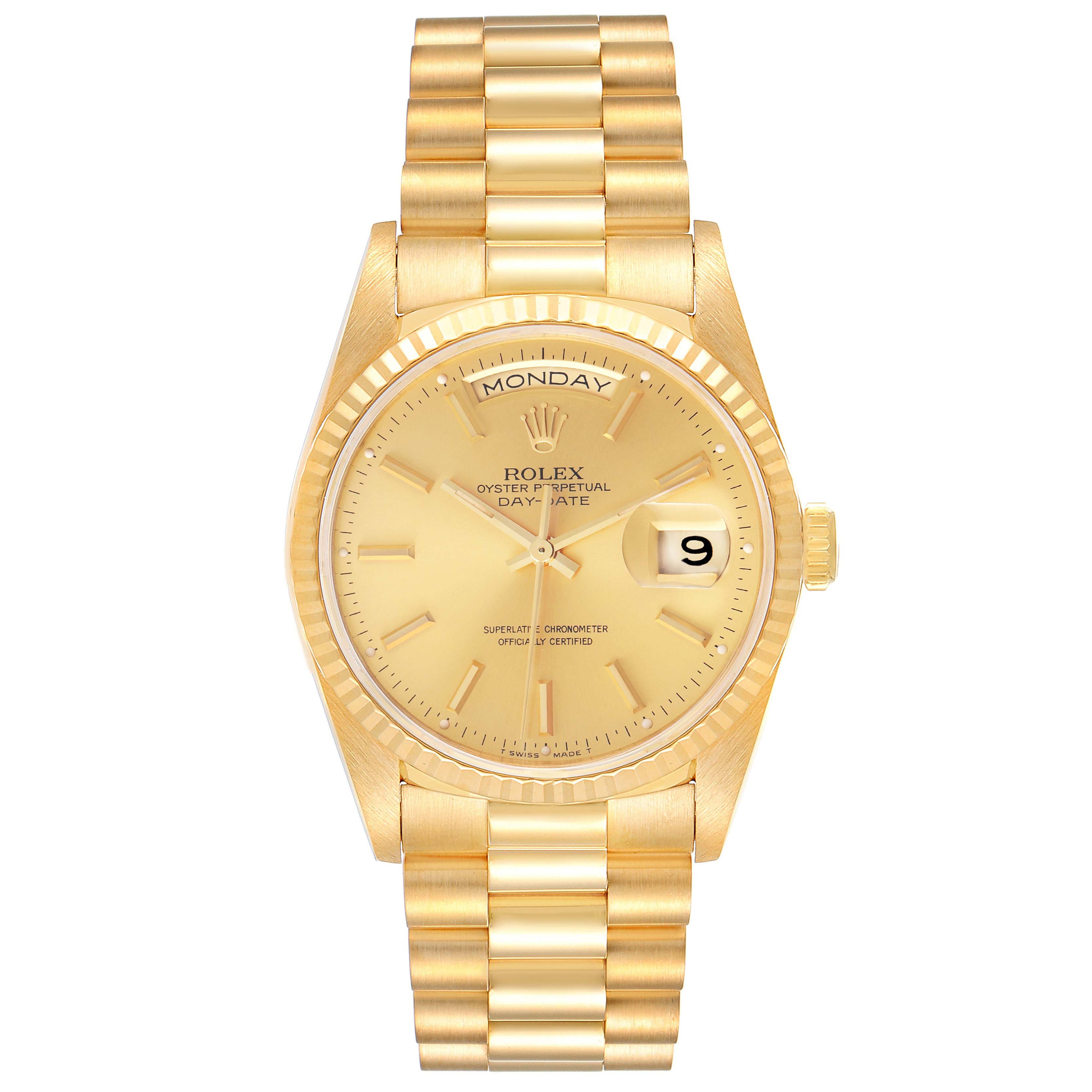 The image shows a front view of the Rolex President 18238 Men's Yellow Gold Champagne Dial 18238 Men's Yellow Gold Champagne Dial model watch, displaying the dial, day, and date functions.