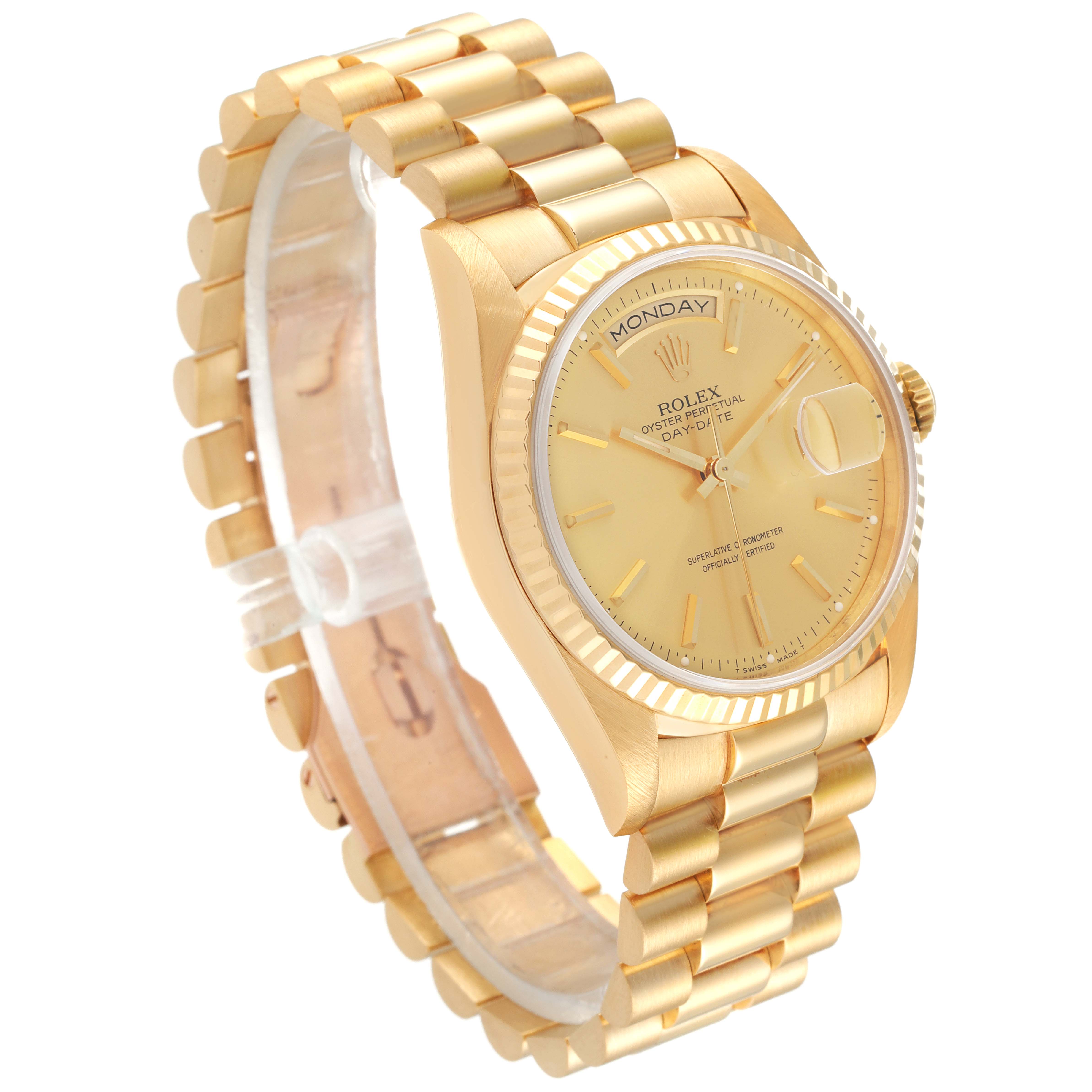 The image shows a side and front angle of a gold Rolex President 18238 Men's Yellow Gold Champagne Dial 18238 Men's Yellow Gold Champagne Dial model watch, highlighting its bracelet, dial, and case.