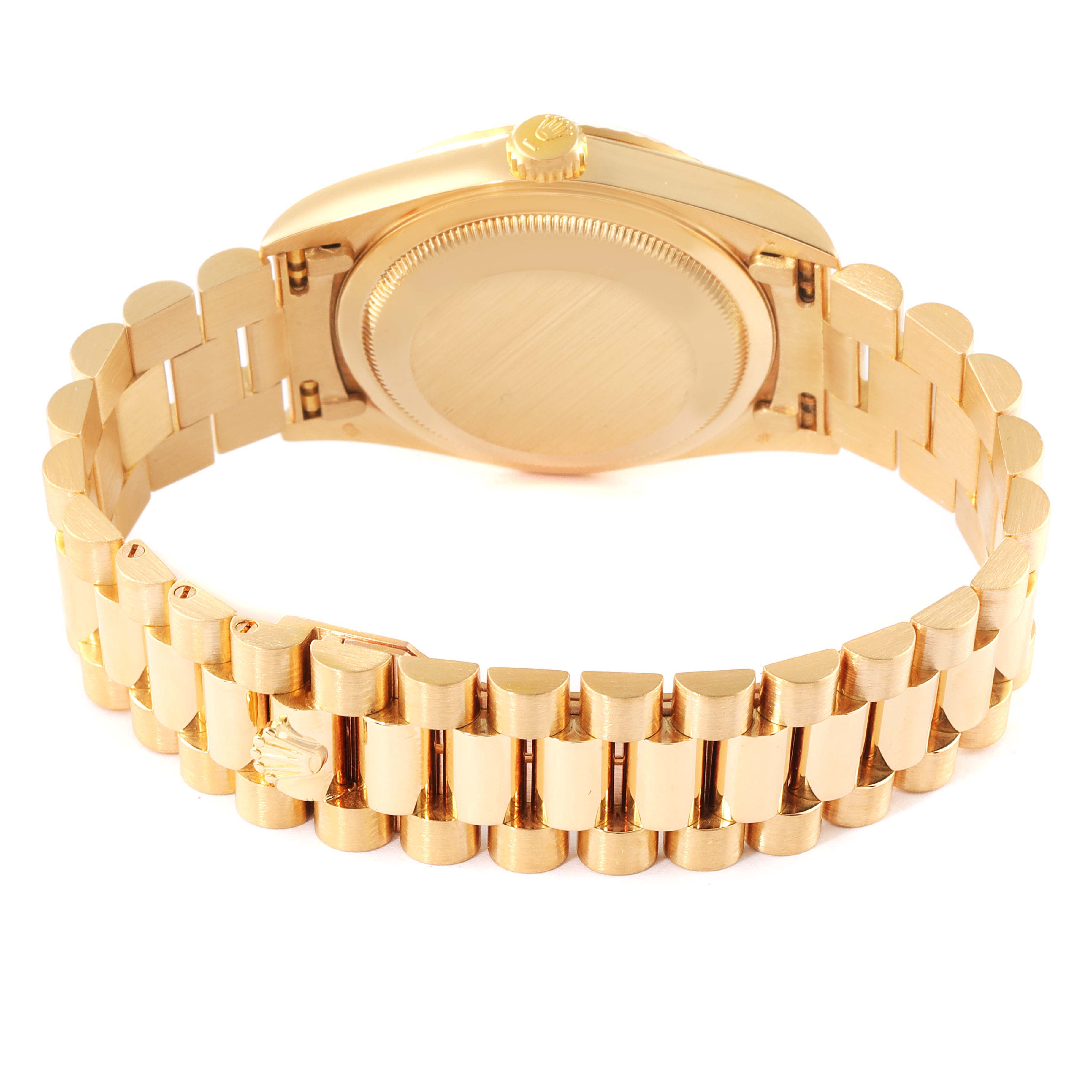 This image shows the back case and bracelet of a Rolex President 18238 Men's Yellow Gold Champagne Dial 18238 Men's Yellow Gold Champagne Dial model watch from a rear angle.