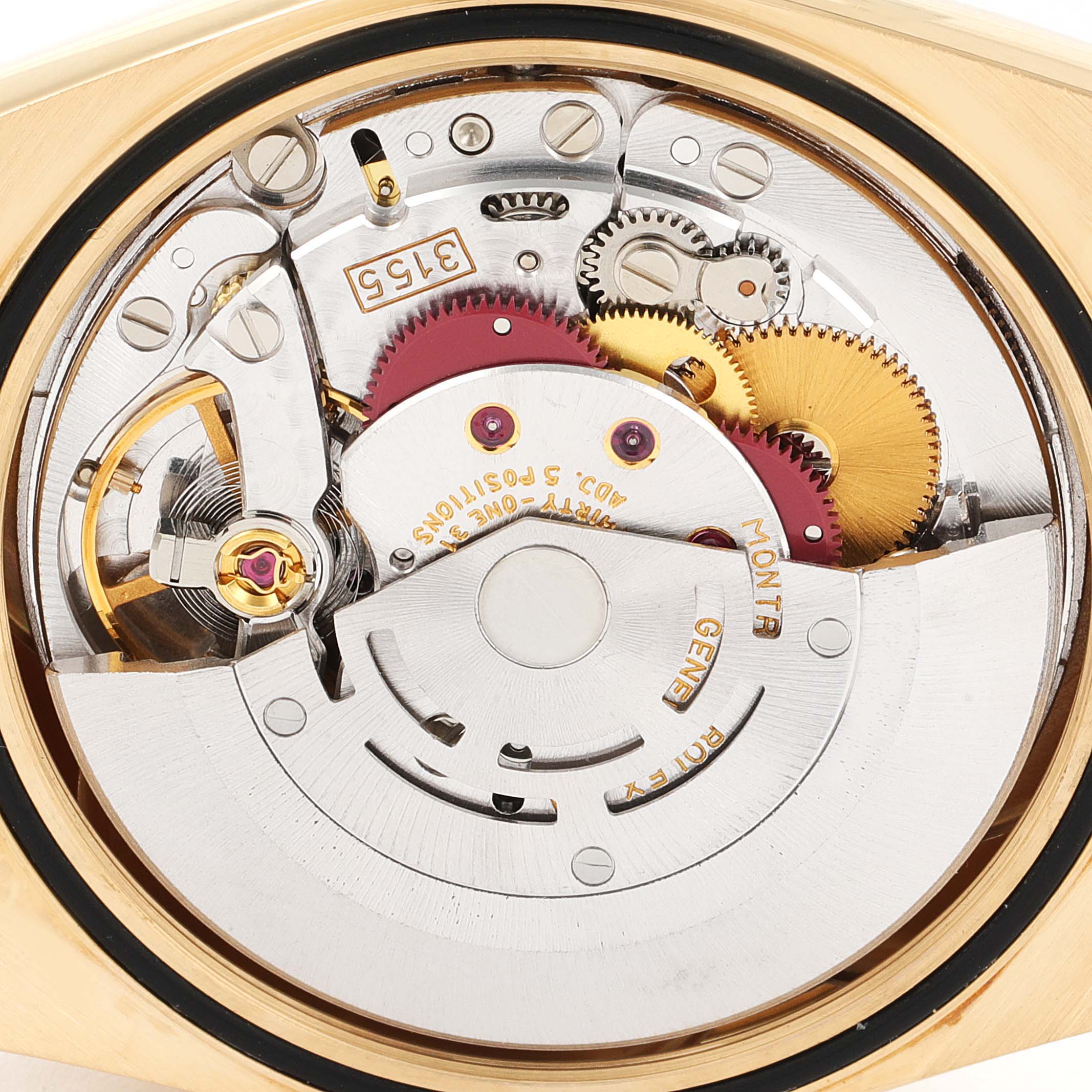 The image shows the internal mechanical components and movement of a Rolex President 18238 Men's Yellow Gold Champagne Dial 18238 Men's Yellow Gold Champagne Dial model watch viewed from the back.