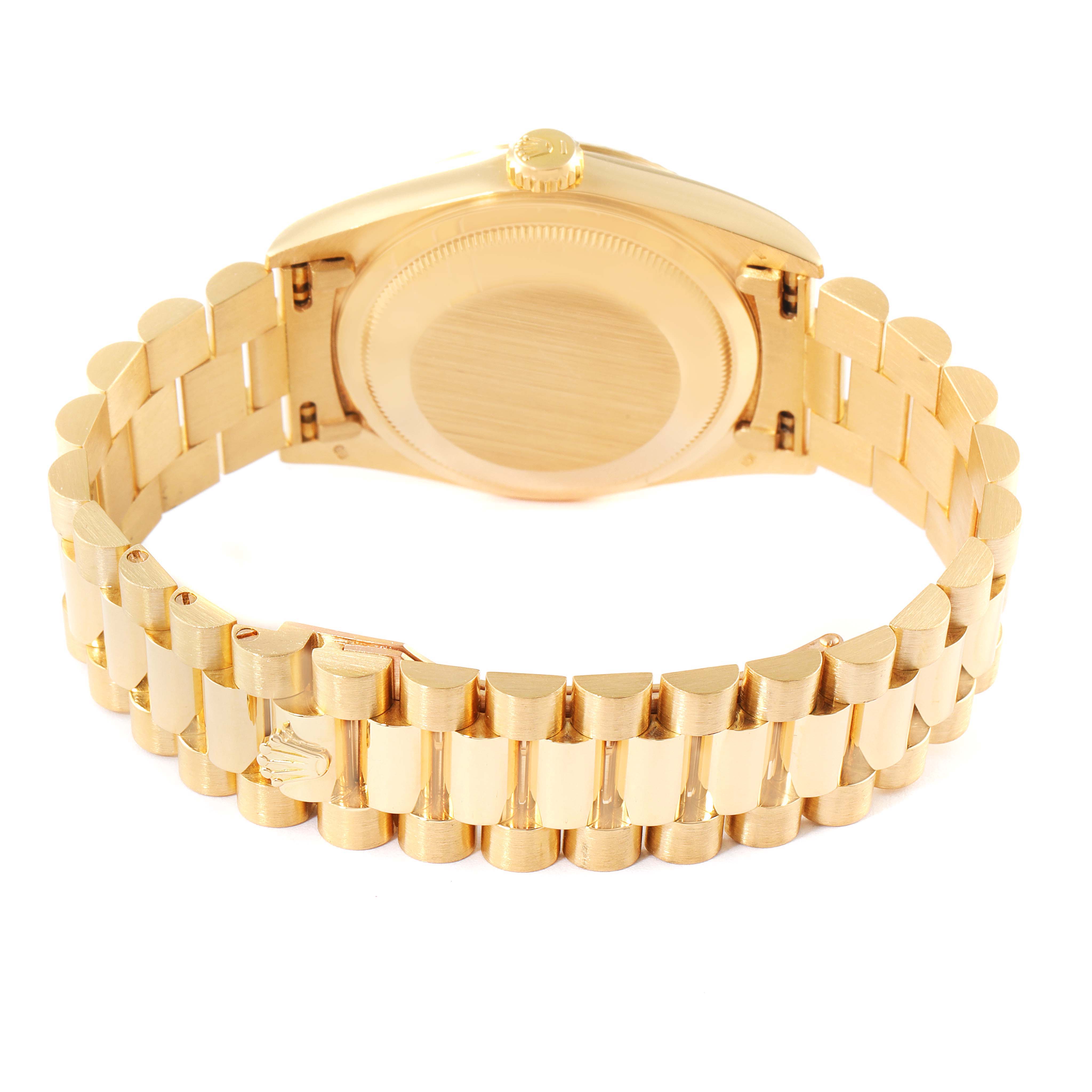The image shows the back case and bracelet of a Rolex President 18238 Men's Yellow Gold Champagne Dial 18238 Men's Yellow Gold Champagne Dial model watch from a rear angle.