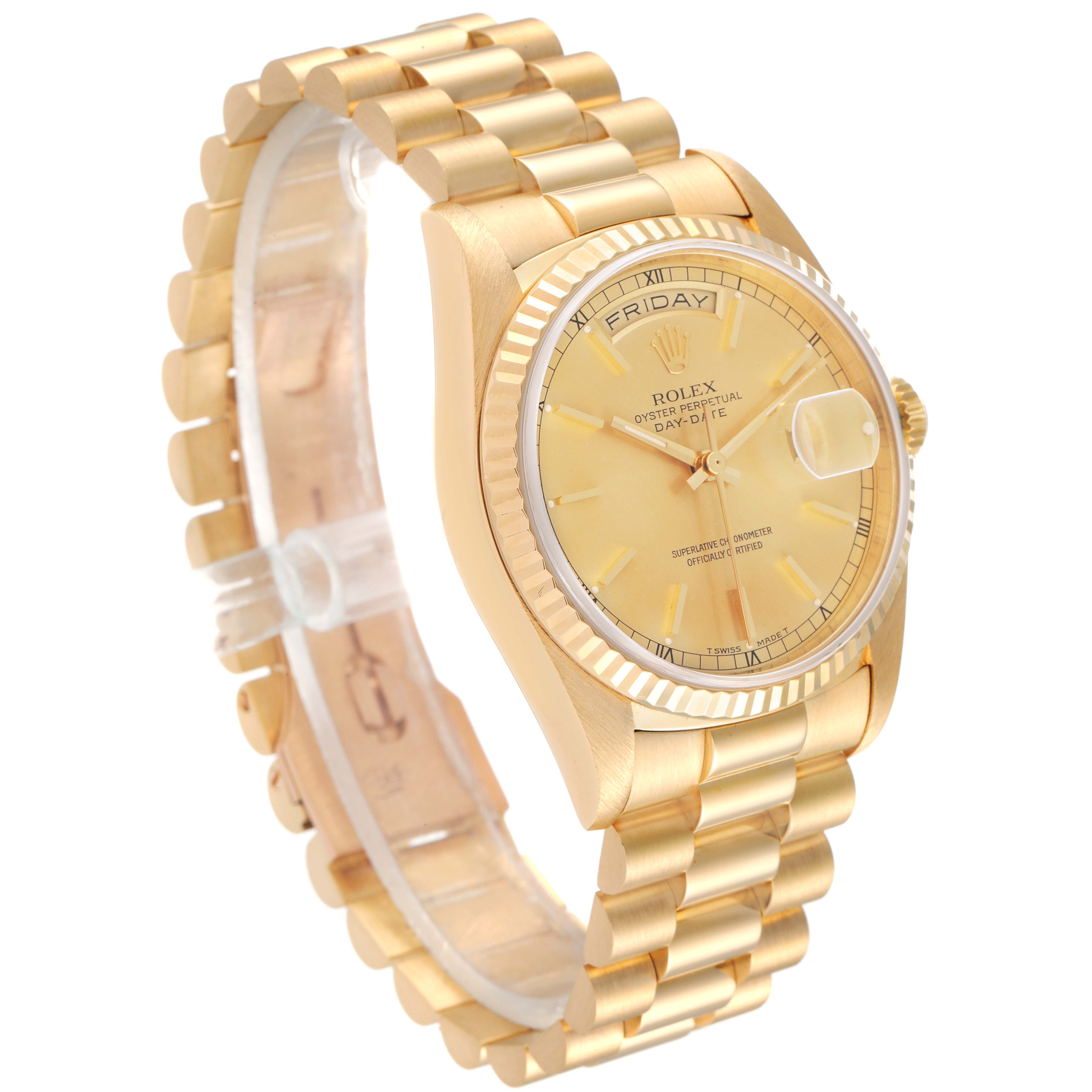 This image shows a side angle of a gold Rolex President 18238 Men's Yellow Gold Champagne Dial 18238 Men's Yellow Gold Champagne Dial watch, displaying its face, bezel, and bracelet.