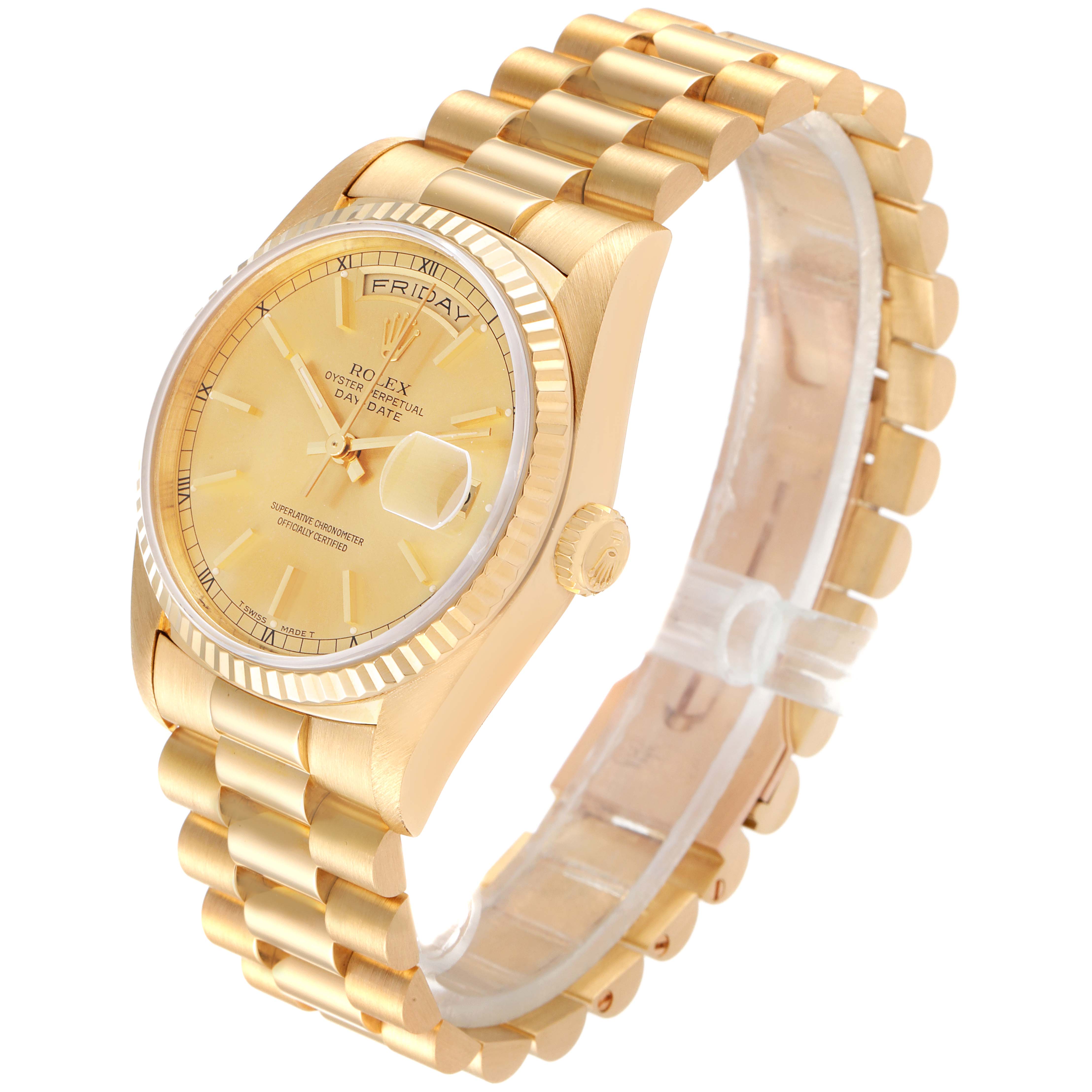 The image shows a Rolex President 18238 Men's Yellow Gold Champagne Dial 18238 Men's Yellow Gold Champagne Dial model watch at an angle focusing on the dial, bezel, crown, and bracelet.