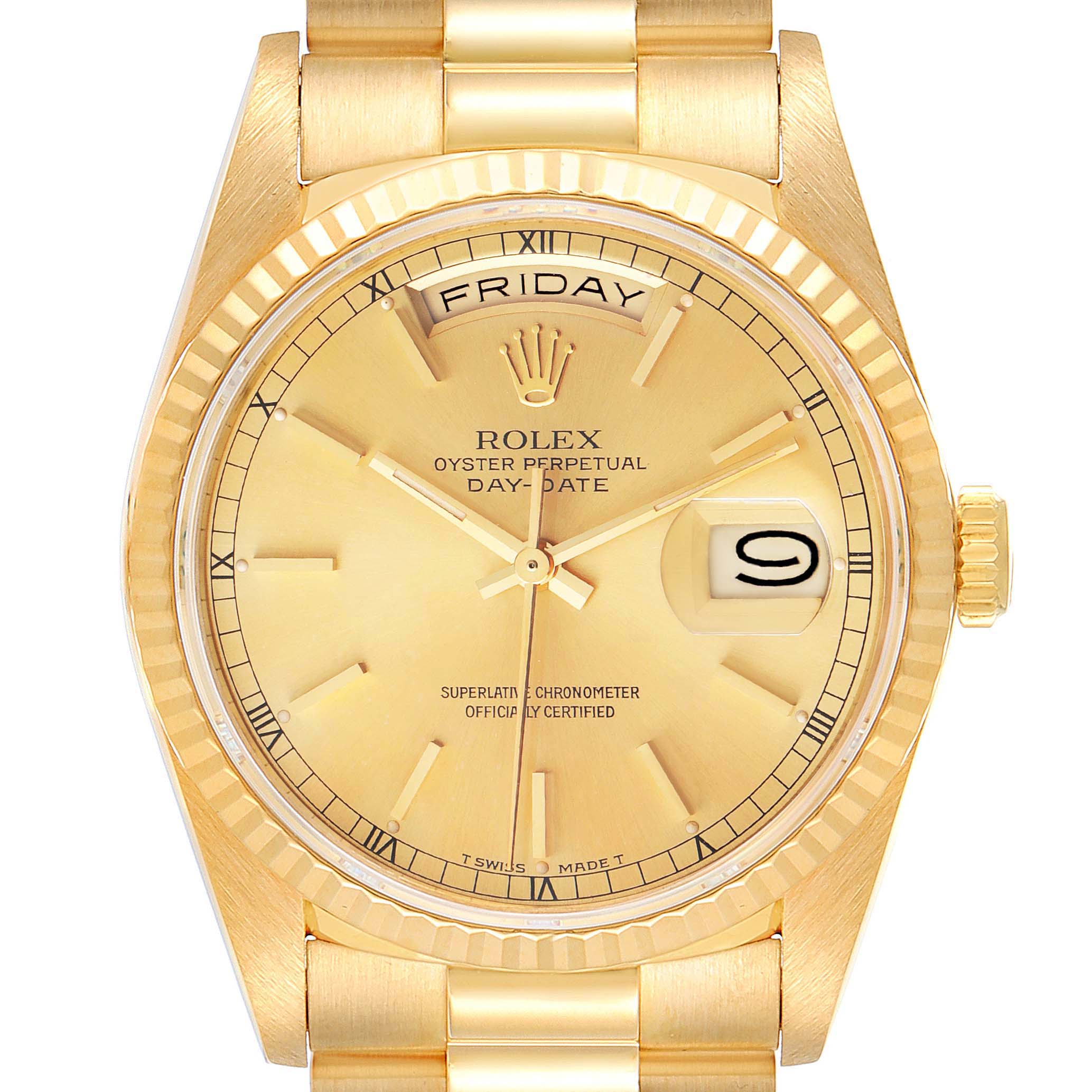 The image shows the front view of a Rolex President 18238 Men's Yellow Gold Champagne Dial 18238 Men's Yellow Gold Champagne Dial Day-Date watch, highlighting the dial, hands, day, date, and part of the bracelet.