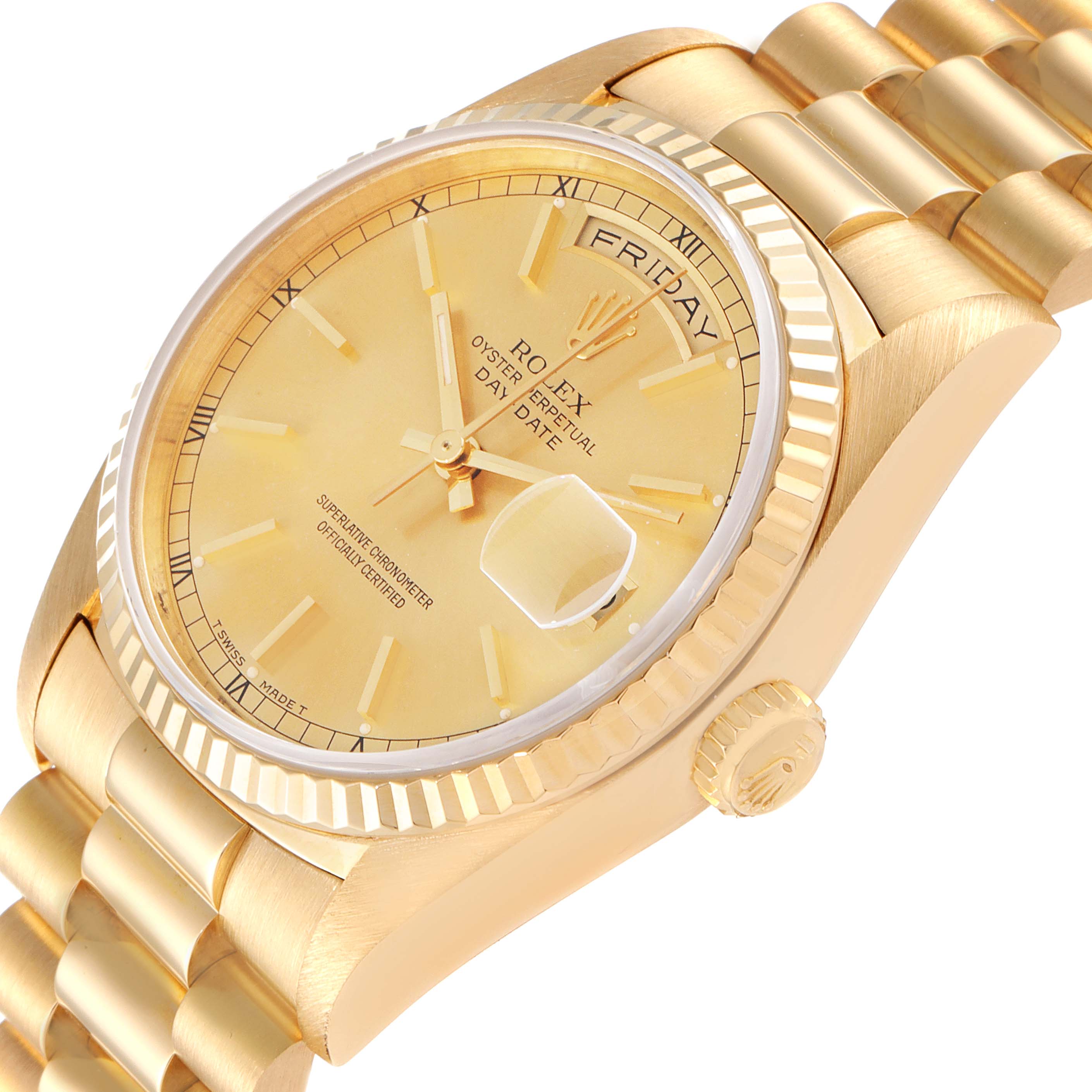 The image shows a close-up angle of a Rolex President 18238 Men's Yellow Gold Champagne Dial 18238 Men's Yellow Gold Champagne Dial model watch, highlighting the gold dial, bezel, and bracelet.